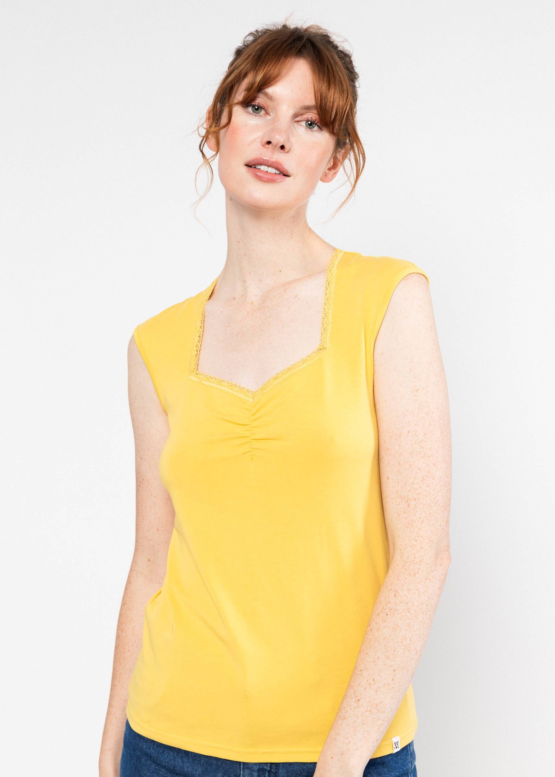 Blutsgeschwister T-Shirt - Damen Top gelb - Herzausschnitt mit Spitze - ärmelloses Sommer Shirt