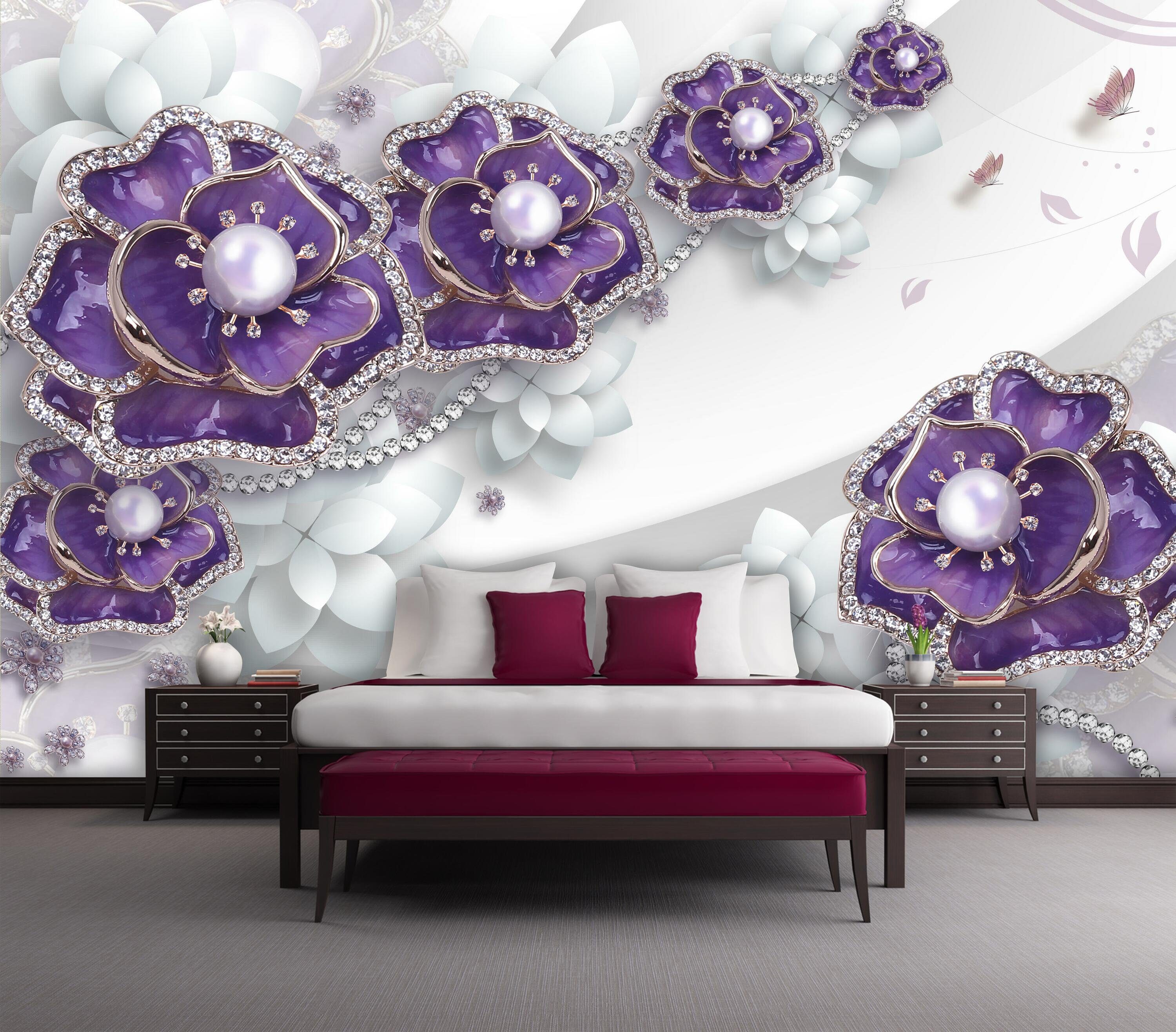 Blumen 3D Vliestapete Wandtapete, weiß, matt, Fototapete violett wandmotiv24 Motivtapete, Perlen glatt,