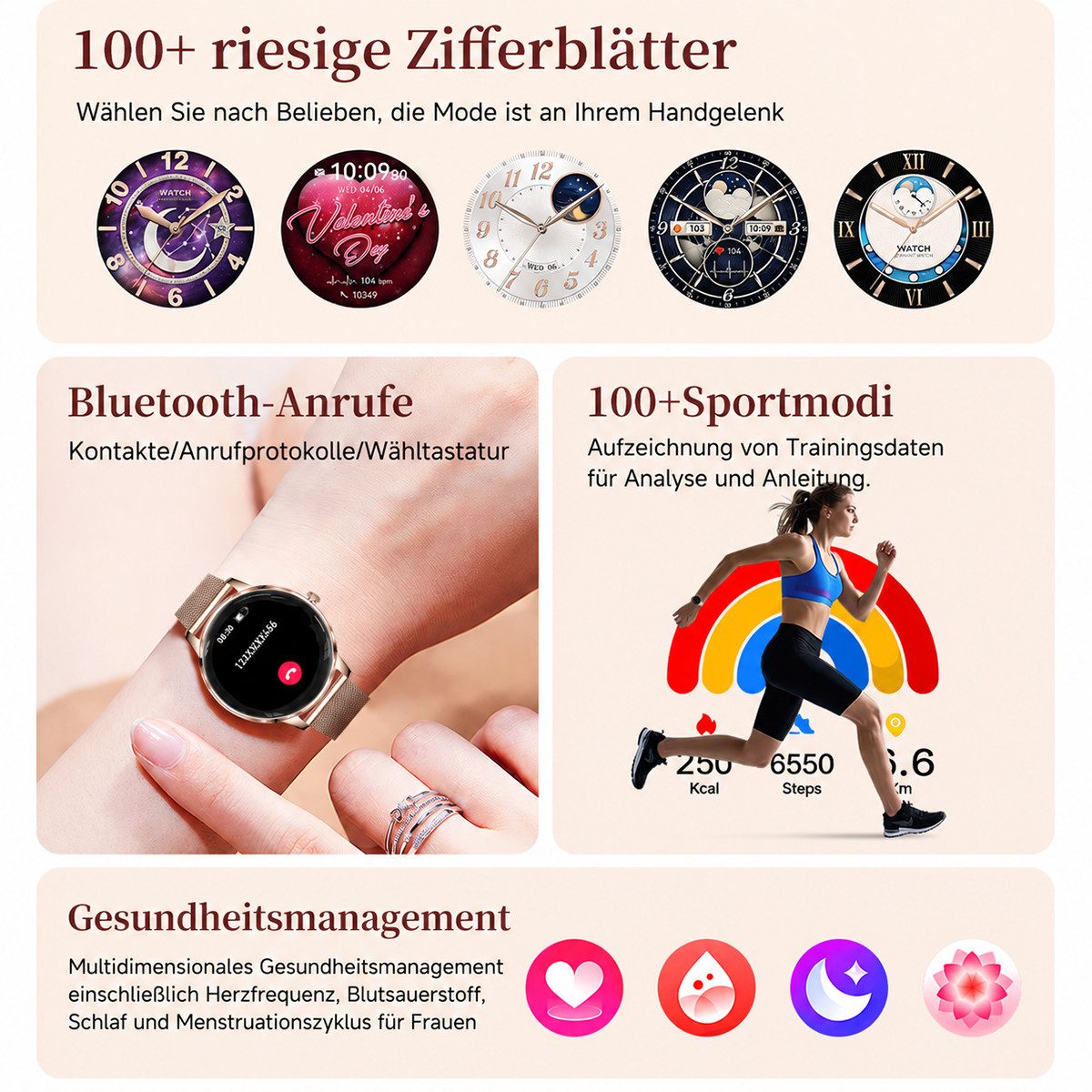 Vashoy Smartwatch Damen,1.19" mit Bluetooth-Anrufen & Sprachassistent Smartwatch (38mm cm/1.19 Zoll, Android4.4/IOS1.0) Spar-Set, 4-tlg., Schritte, Puls, Blutdruck, Stress, Schlaf, Zyklus, IP68 Wasserdicht – Fitnessuhr Kompatibel mit iOS Android