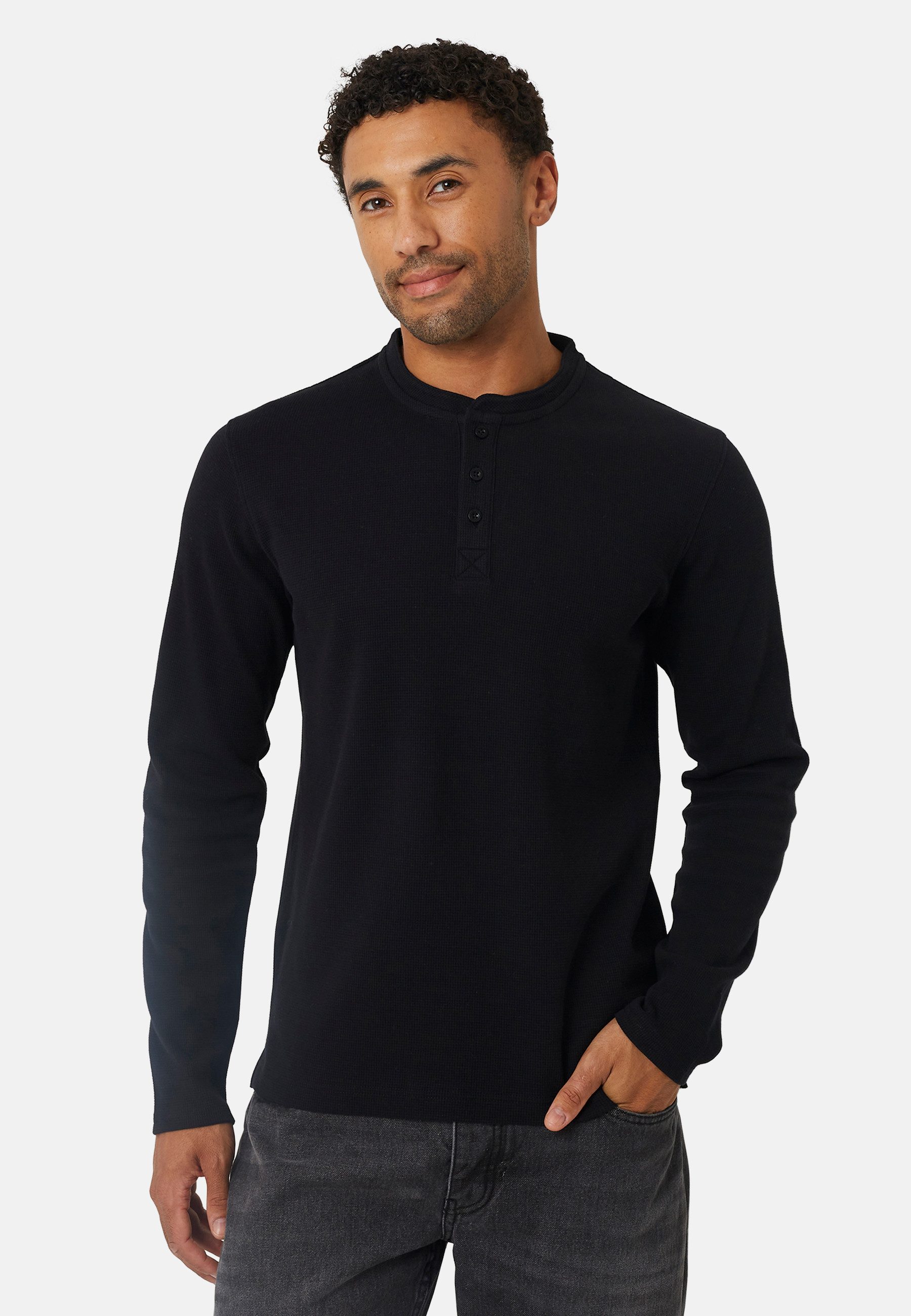 Brave Soul Blusentop Langarm-T-Shirt für Herren mit Grandad-Kragen