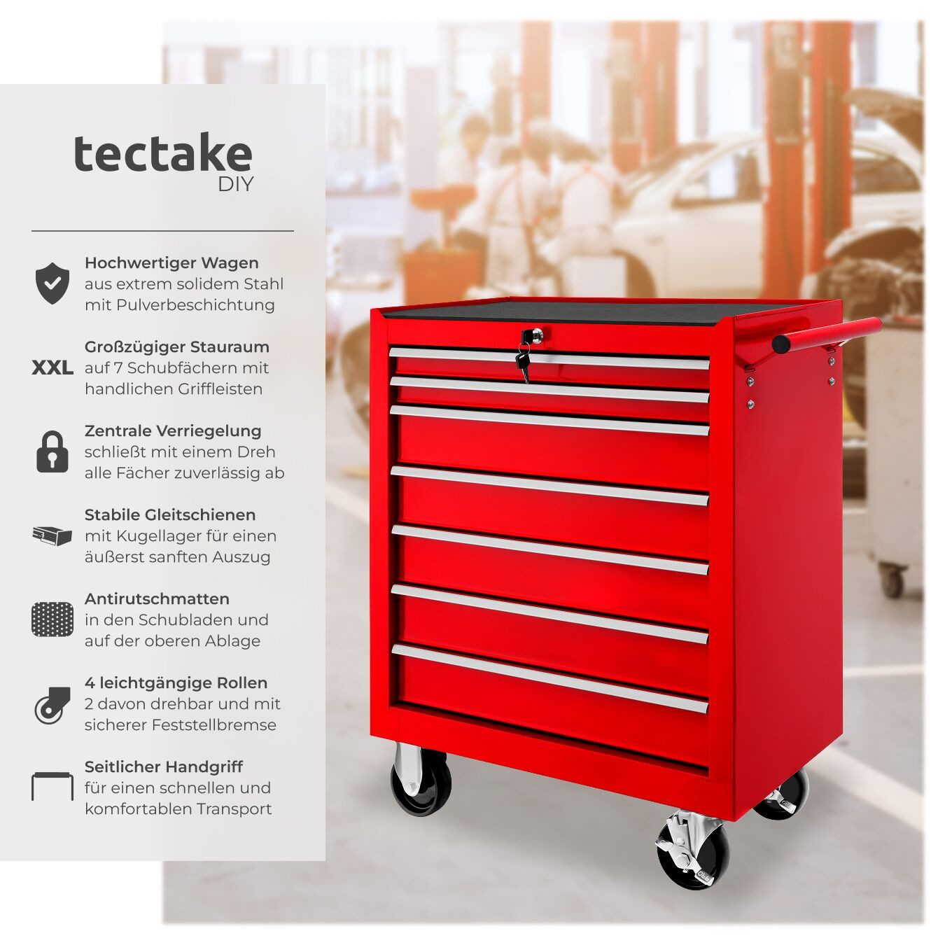 tectake Werkzeugwagen Werkstattwagen, Belastbarkeit 150 kg, zentrale, rot, (Werkzeugkoffer leer, in rot), 7 kugelgelagerte Schubladen mit Antirutschmatten, Rollen Ø 100 mm