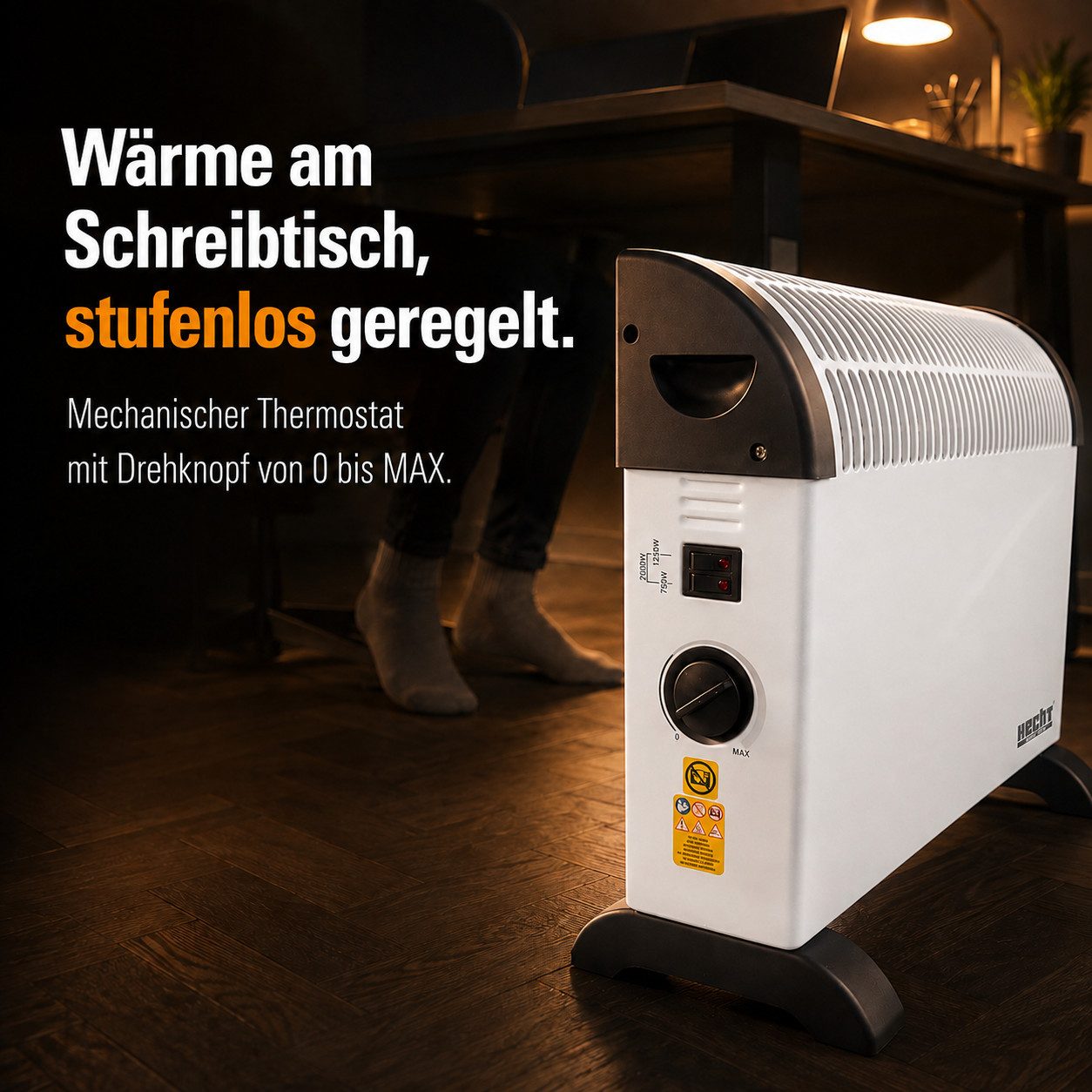 Hecht Konvektor Elektro Heizung 750-2000W 30m³ mit Standfüßen, stufenloses Thermostat, 2000 W, Tragegriff, 220-240V, 2,5kg, IP20, 3 Leistungsstufen – Bild 4 von 5