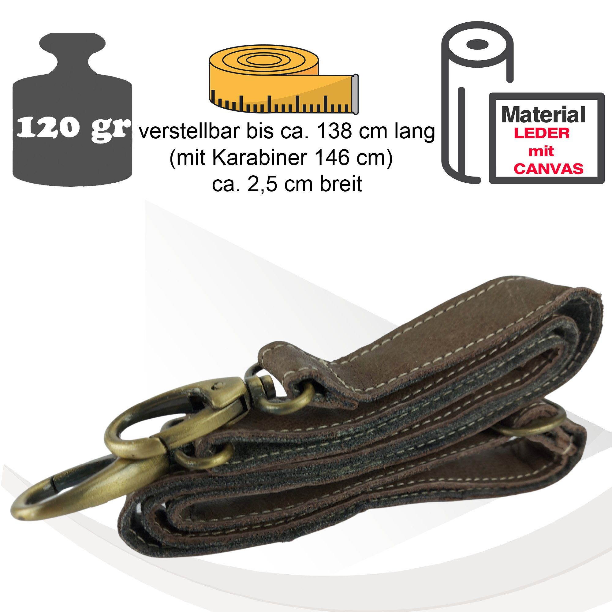 Echt-Leder Schultergurt in zwei Lagen, für eine Tasche mit Karabiner 60x3  cm. Wechseln Sie den Riemen an der Tasche. Bequemer und stylischer Gurt -   Österreich
