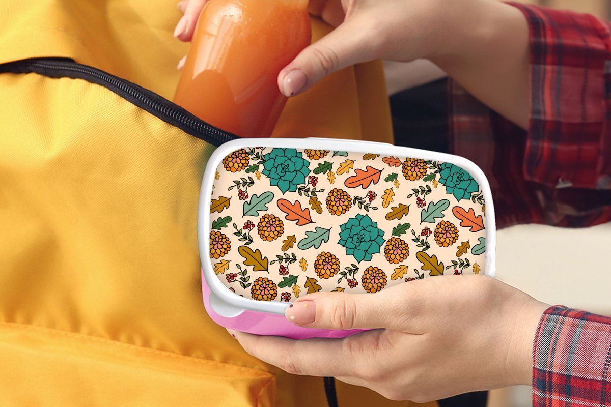 MuchoWow Lunchbox Snackbox, Brotdose Kunststoff, rosa - Herbst - Brotbox Kinder, Blumen Erwachsene, Kunststoff Mädchen, für (2-tlg), Muster