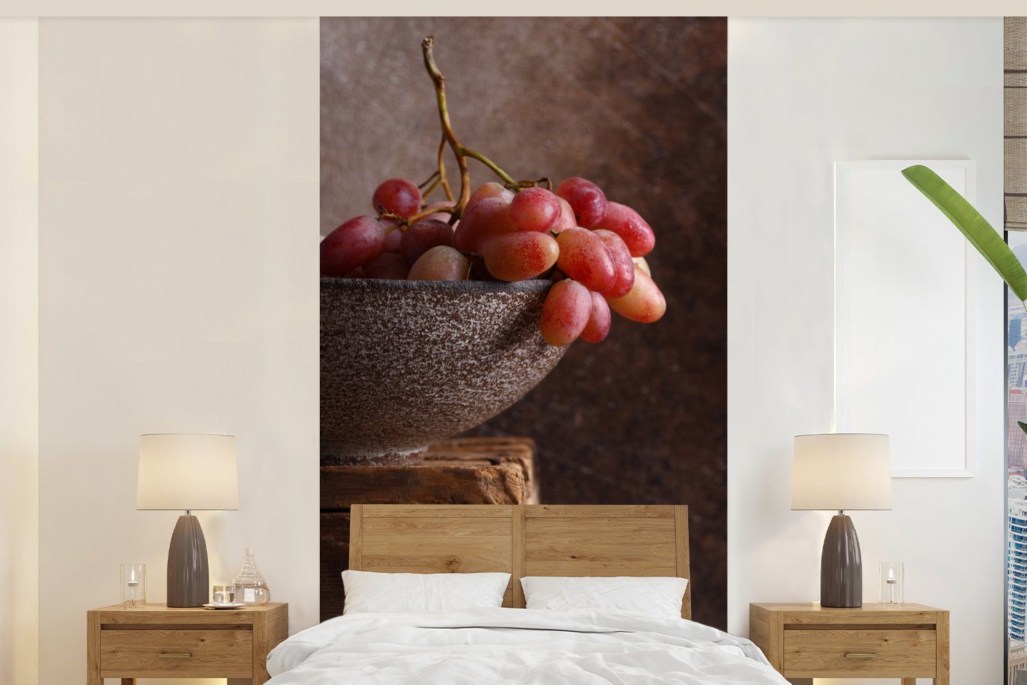 MuchoWow Fototapete Rustikal - Weintrauben - Schale - Stilleben - Obst, Matt, bedruckt, (2 St), Vliestapete für Wohnzimmer Schlafzimmer Küche, Fototapete