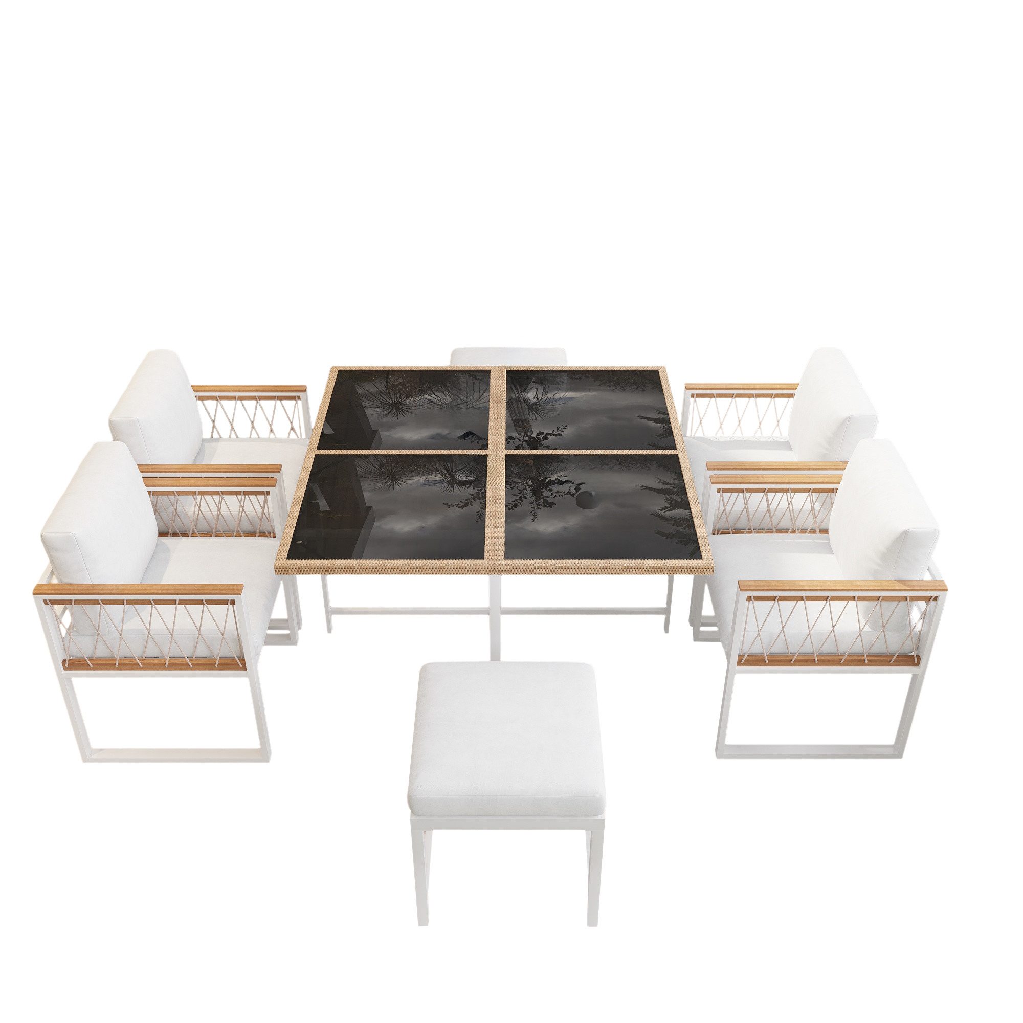 kowdom Garten-Essgruppe 7-teiliges Gartenmöbelset mit Tisch, 4 Sesseln & 2 Hockern, 6 Personen, (Gartenmöbelset, 7-teiliges Gartenmöbelset für 6 Personen), Tischplatte aus gehärtetem Glas