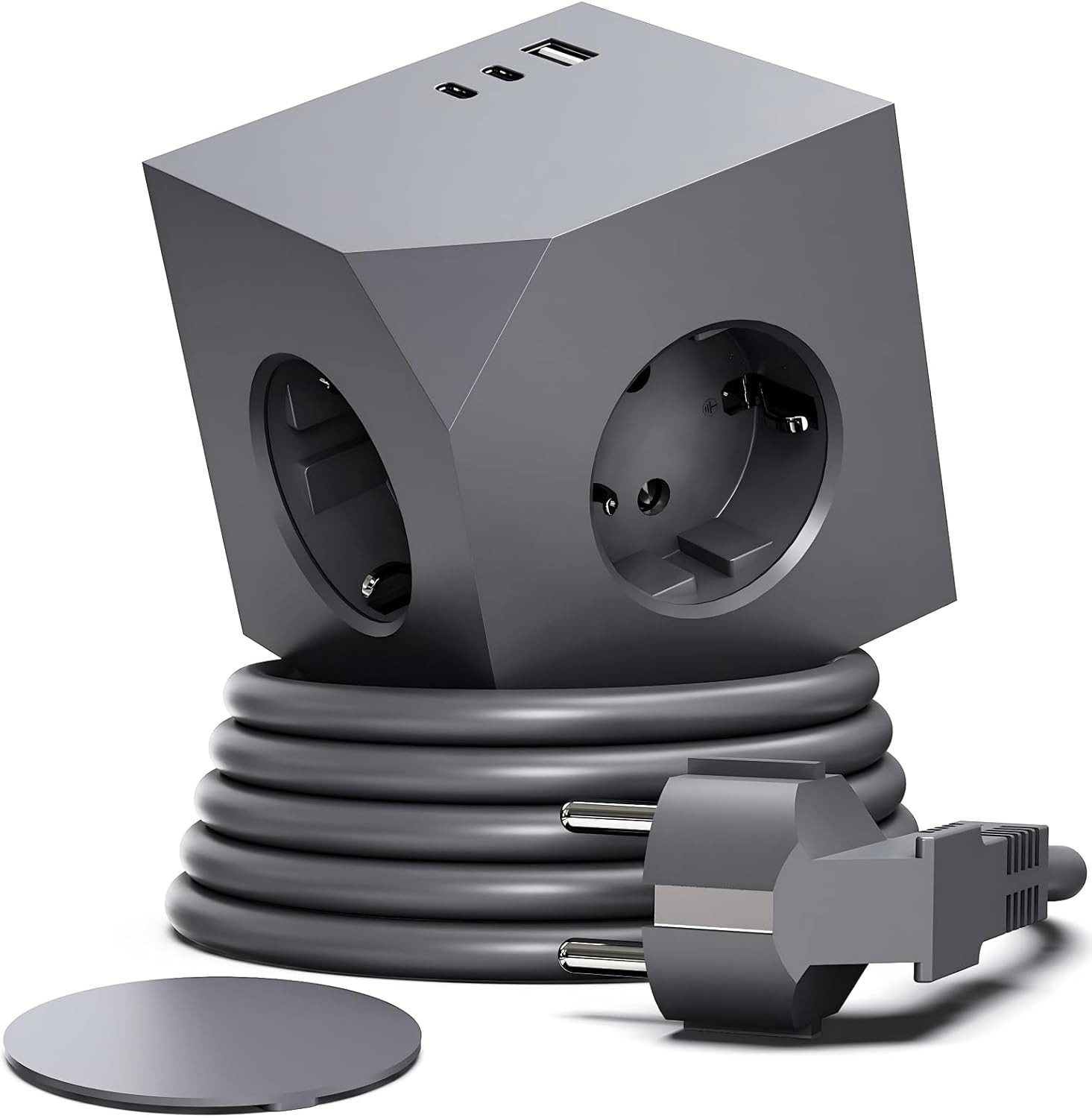 Forrlite Steckdosenleiste PD20W mit Magnetpad 6in1 Wandsteckdose 6 Fach Mehrfachsteckdose 6-fach (Ein- / Ausschalter, USB-Anschlüsse, 3680W/16A, 1,5M Verlängerungskabel, Überlastschutzgerät, Überspannungsschutz, Schutzkontaktkupplung, Kurzschlussschutz, Kinderschutz), Steckdosenleiste mit 3 USB Typ C für Büro, Hause, Grau