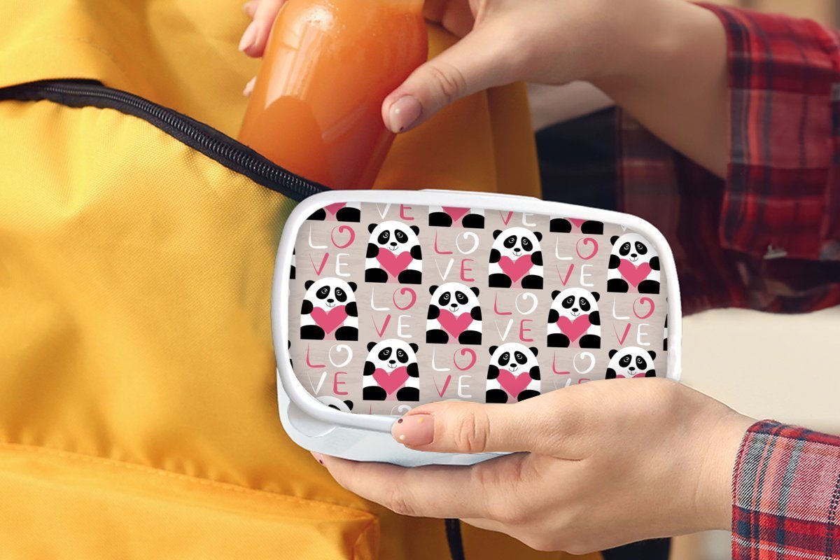und MuchoWow Panda Kunststoff, - Muster, (2-tlg), Brotdose, Brotbox Erwachsene, - Mädchen weiß Jungs und für Kinder Herzen für Lunchbox