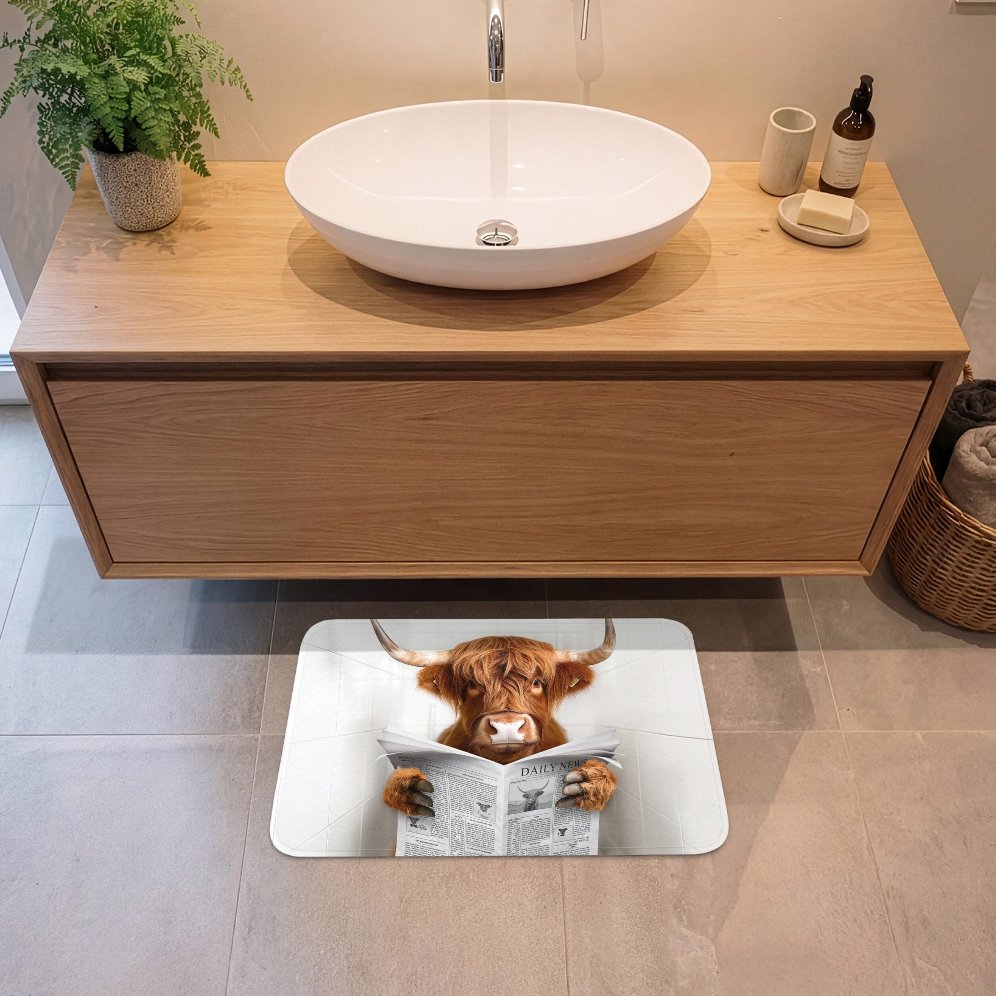 OnlyWow Badematte Schottischer Highlander - Tier - Zeitung - Toilette, Höhe 10 mm, Polyester, Rechteckig, Badezimmerteppich, Badteppich, Rutschfest, Badvorleger – Bild 2 von 5