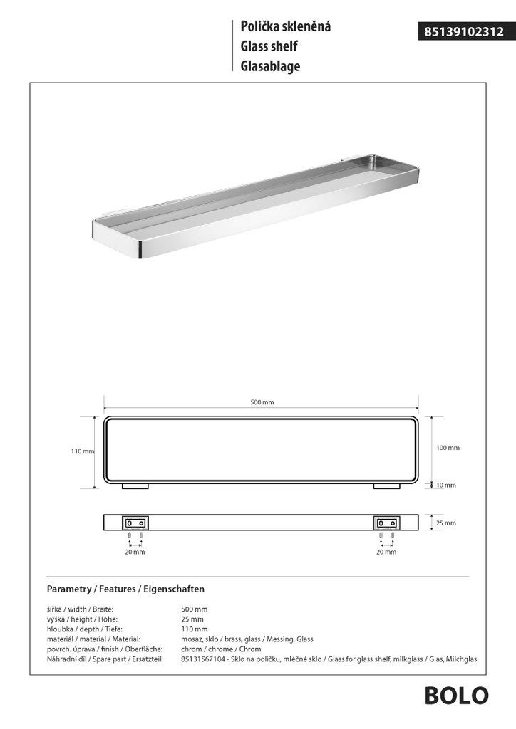 BRILLANTBAD® Duschablage BOLO Glasablage Messing Glas Chrom poliert für Bad & WC >> Bohren