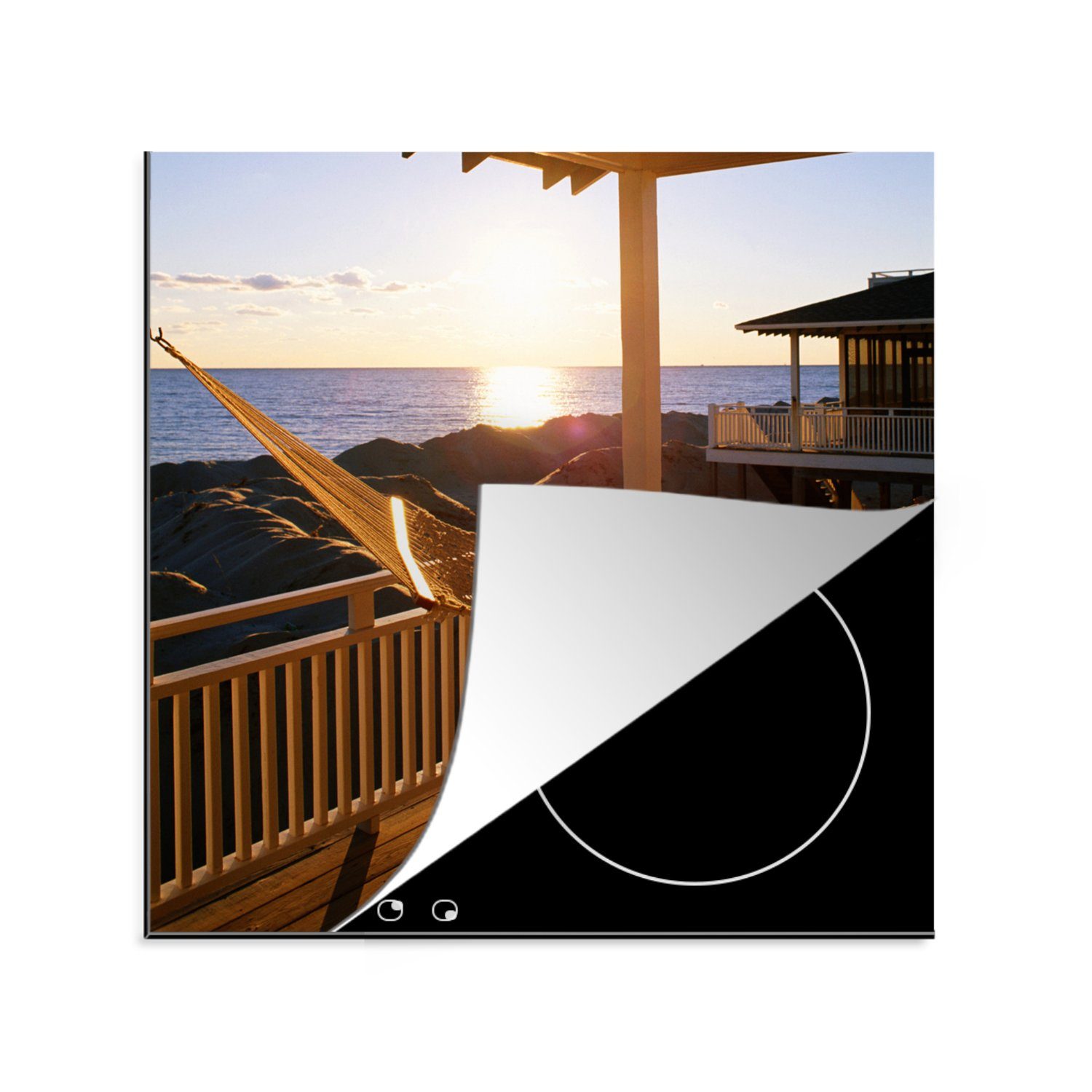 MuchoWow Herdblende-/Abdeckplatte Hängematte in einem Strandhaus, Vinyl, (1 tlg), 78x78 cm, Ceranfeldabdeckung, Arbeitsplatte für küche