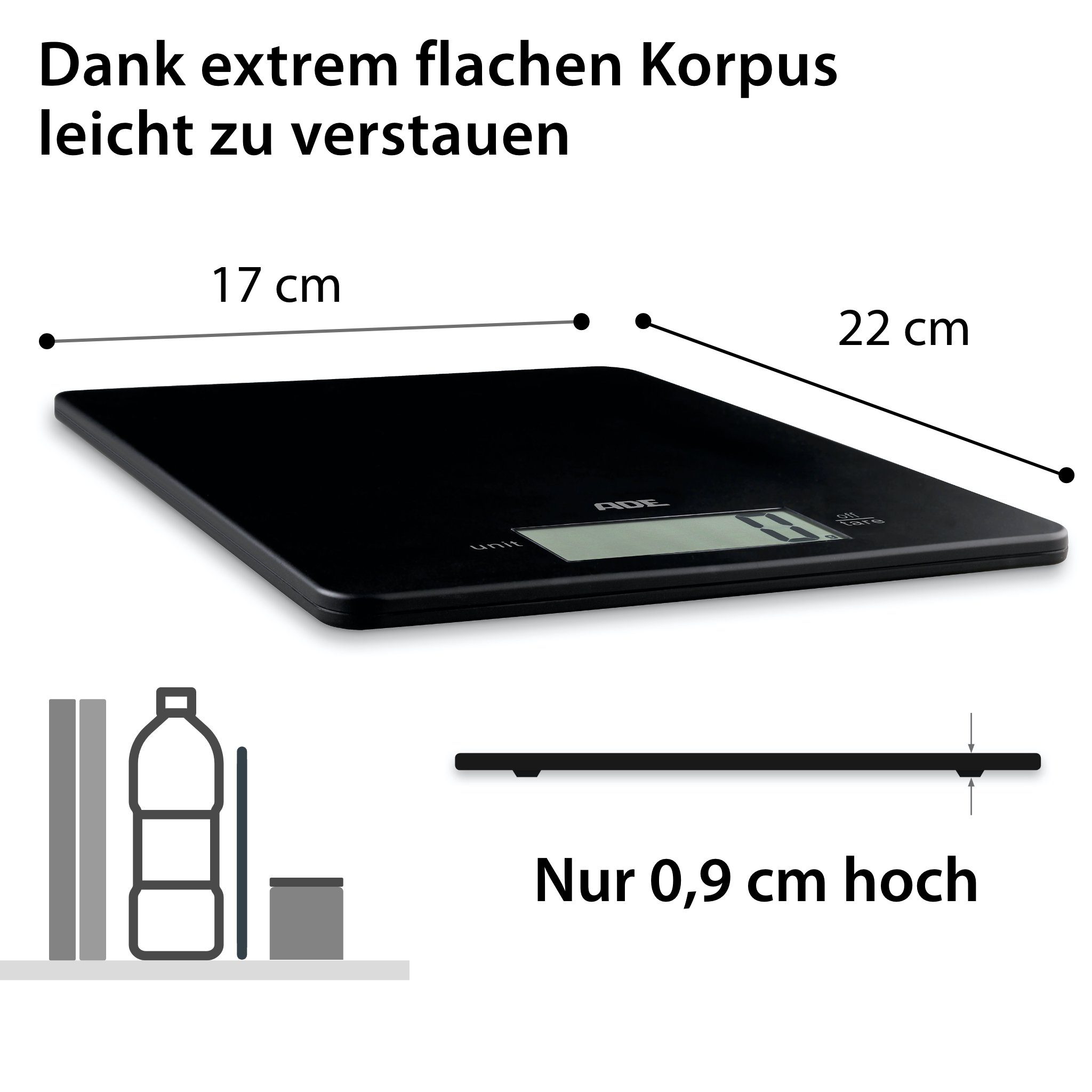ADE Küchenwaage extrem flache Waage, nur 9mm hoch, platzsparend verstaubar, besonders präzise bis 5 kg
