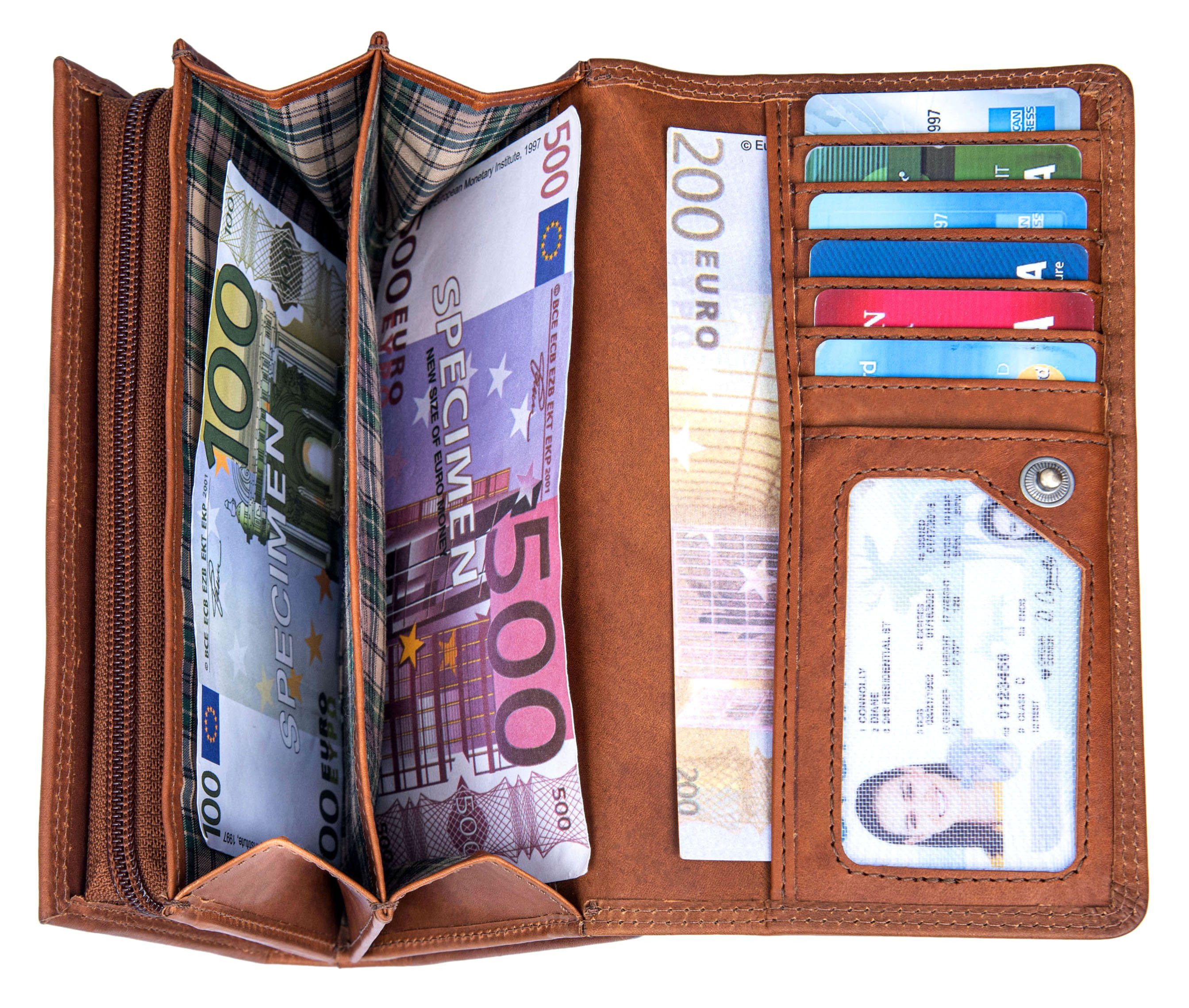 Benthill Geldbörse mit Reißverschlussfach RFID-Schutz Leder Münzfach Braun RFID Damen Echt Portemonnaie Fächern Kartenfächer Lang, vielen Groß
