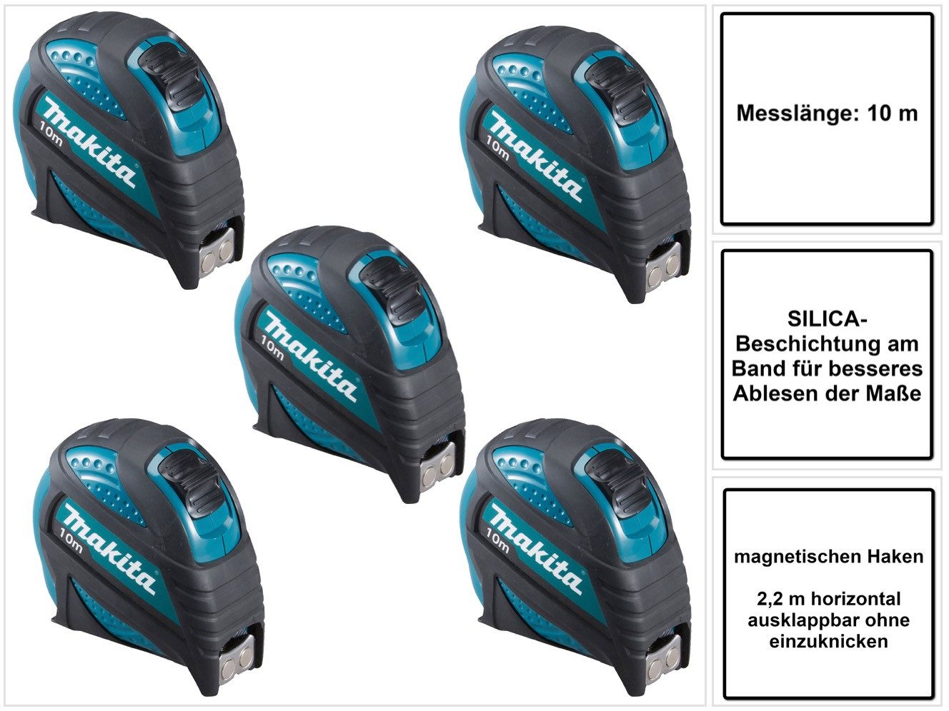 Makita Maßband 5x B-57168 Maßband 10 m Rollbandmaß mit magnetischen Haken