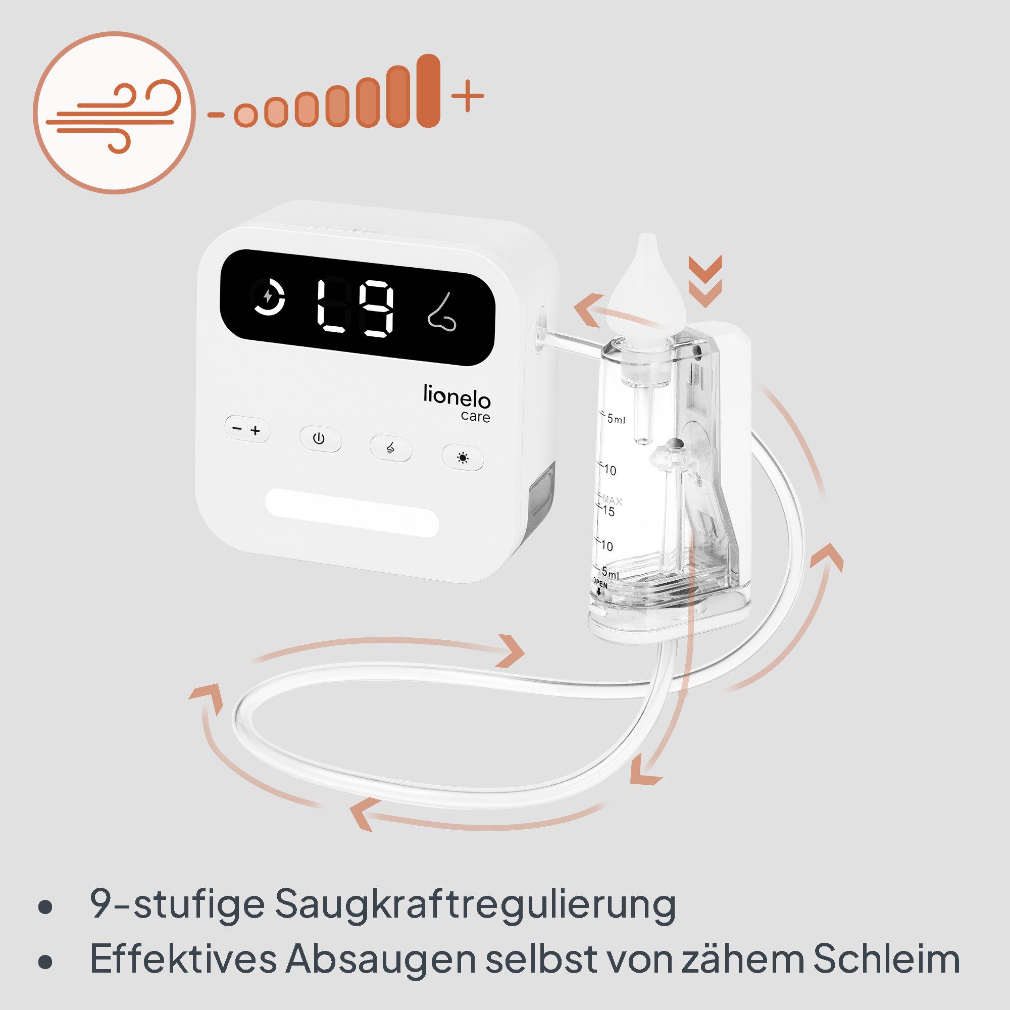 lionelo Nasensauger BABYAIR FLOW, Set, Komplettset mit Aufsätzen, Zubehör und USB-C-Kabel, 9Stufen/Nachtlicht/7,5lmin/65kPa/Akku2,5h