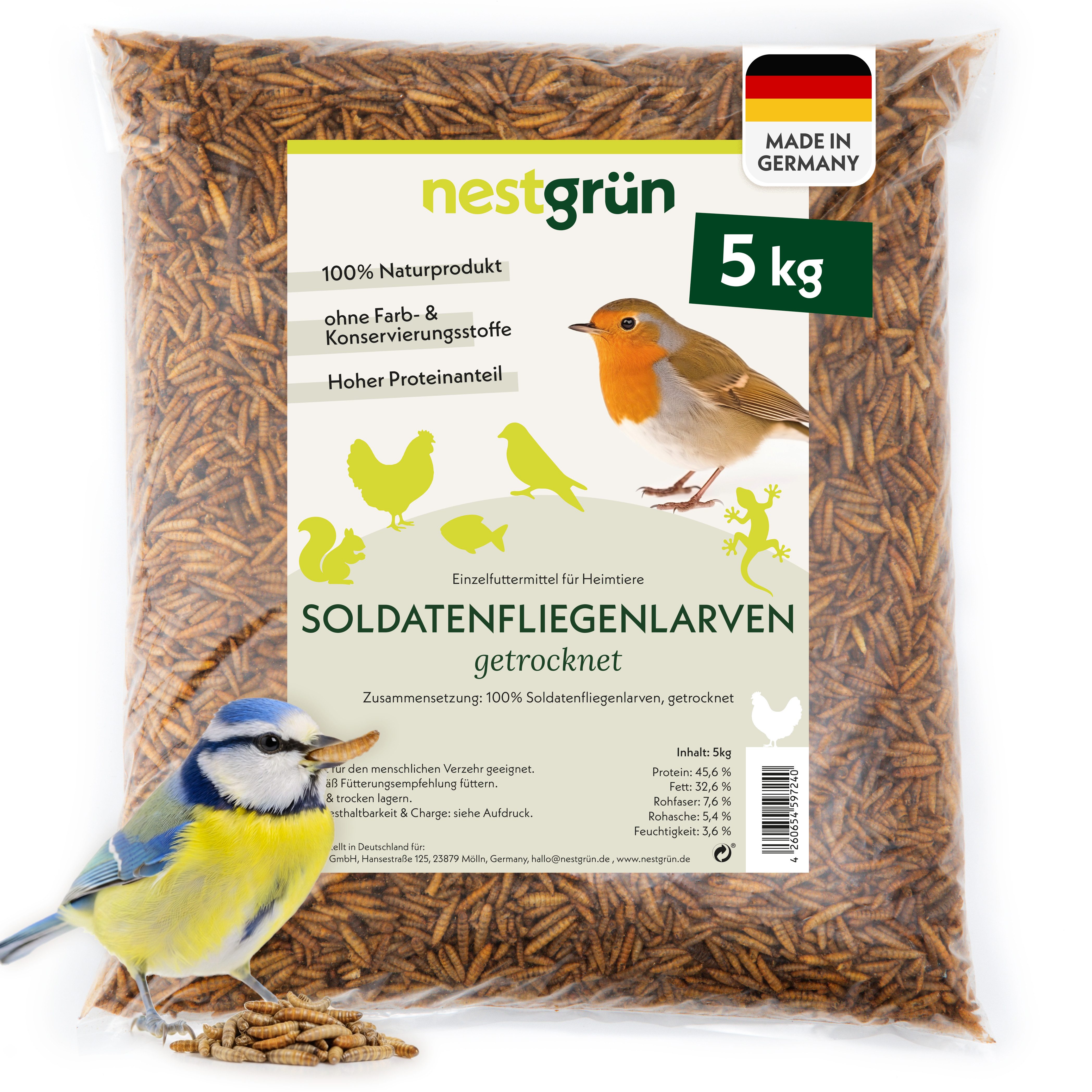 Nestgrün Soldatenfliegenlarven getrocknet, Snack für: Reptilien, Fische, Wildvögel, Igel, Nager, Hühner, Eichhörnchen, proteinreicher Snack, 100% natürlich