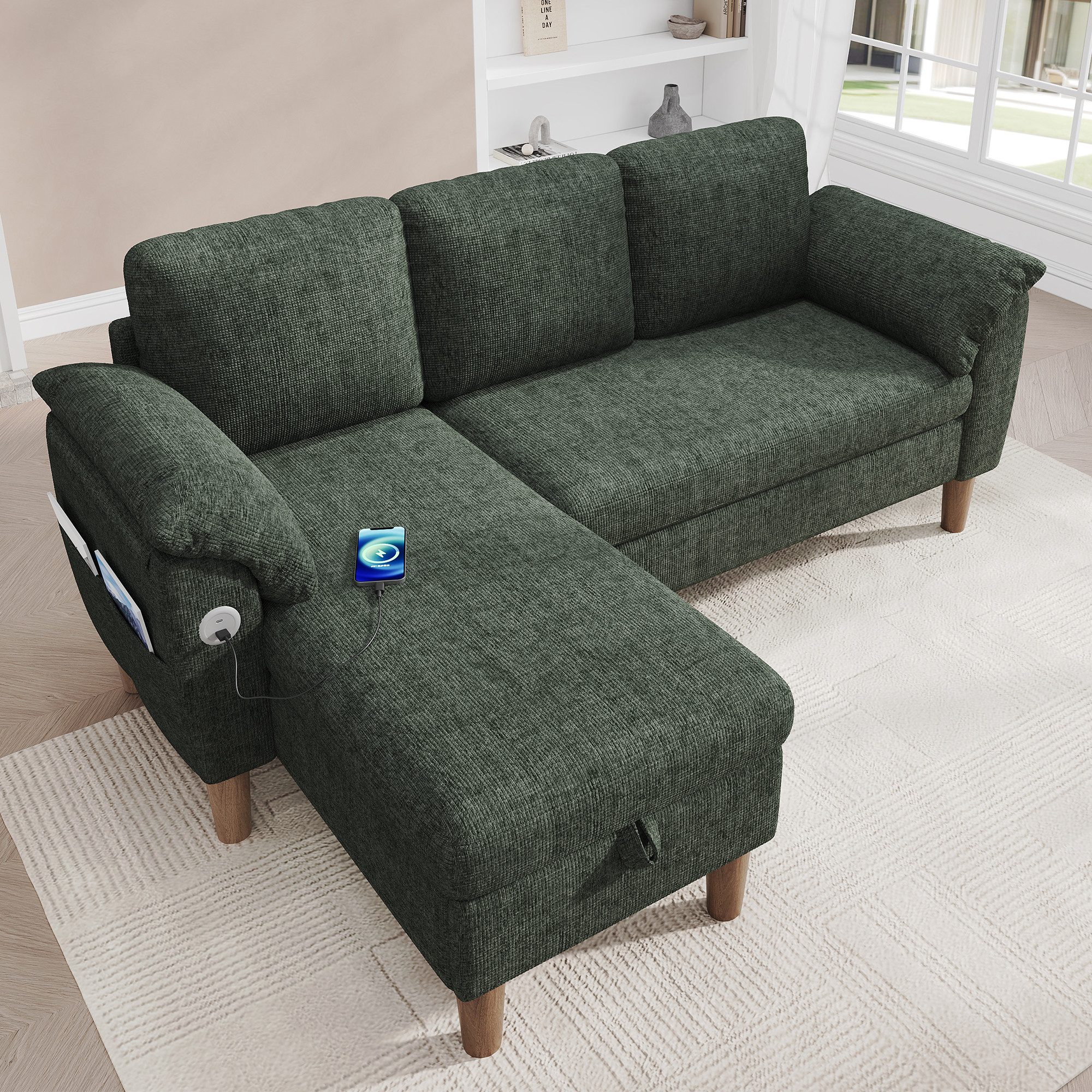 Merax Ecksofa L-förmiges Sofa mit Stauraum-Chaiselongue, links oder rechts montierbar, Couch, Schlafsofa 1 Teile, 3-Sitzer-Sofa mit USB & Type-C Ladeanschluss,  – Bild 3 von 5