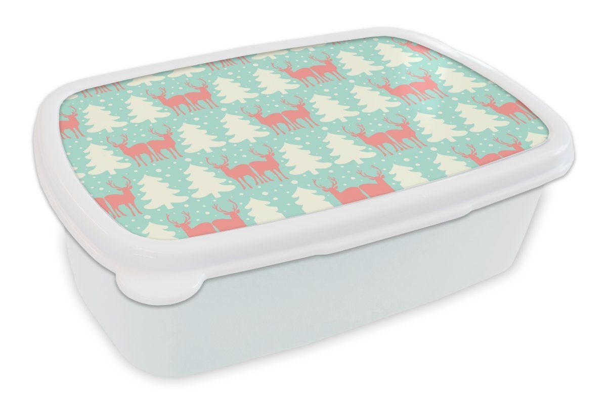 MuchoWow Lunchbox Hirsche - Muster - Rosa, Kunststoff, (2-tlg), Brotbox für Kinder und Erwachsene, Brotdose, für Jungs und Mädchen weiß