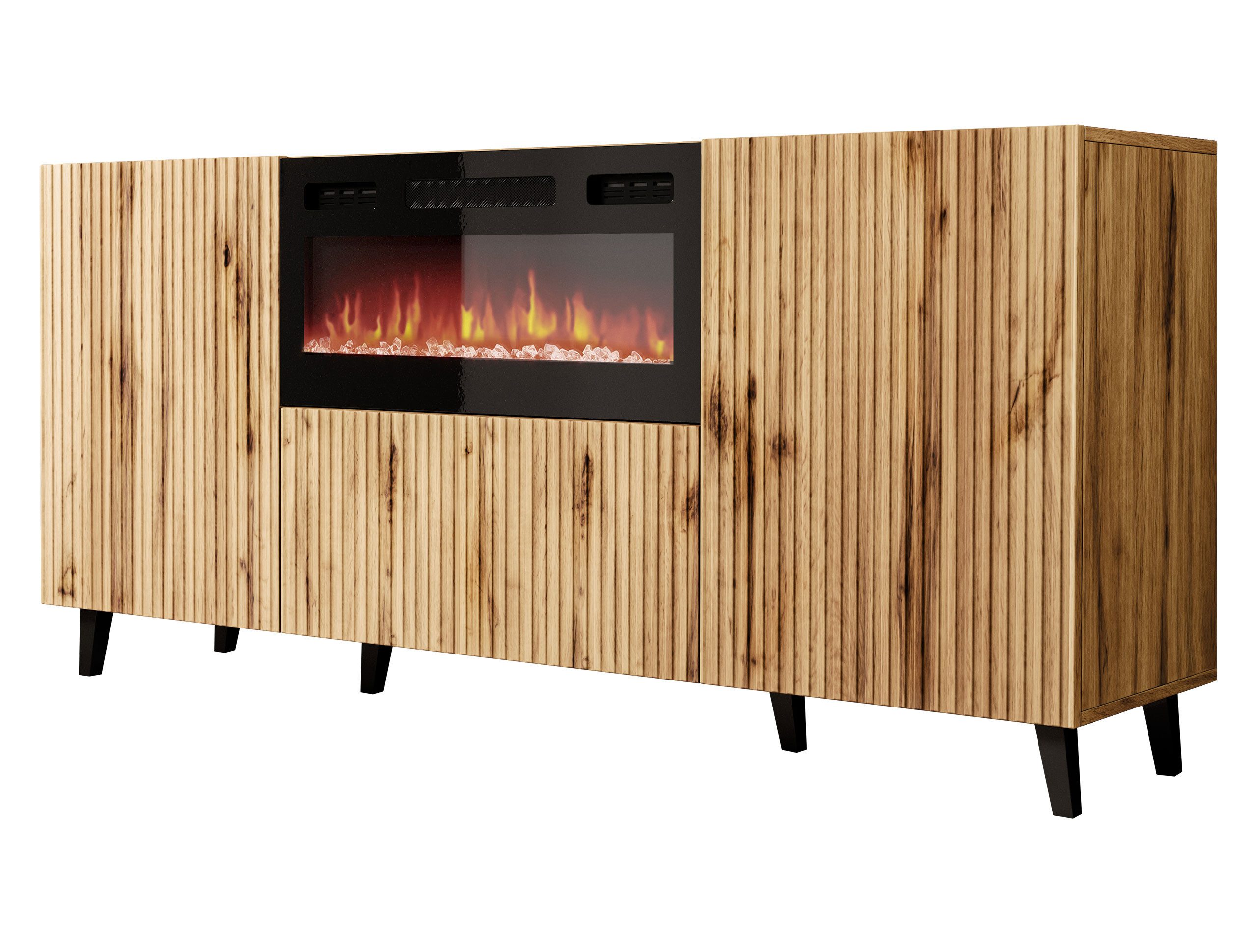 MIRJAN24 Kommode Vamos 180 mit Elektrischem Kamin (mit 3 Türen), Realistische LED-Flamme mit Deko-Kristallen