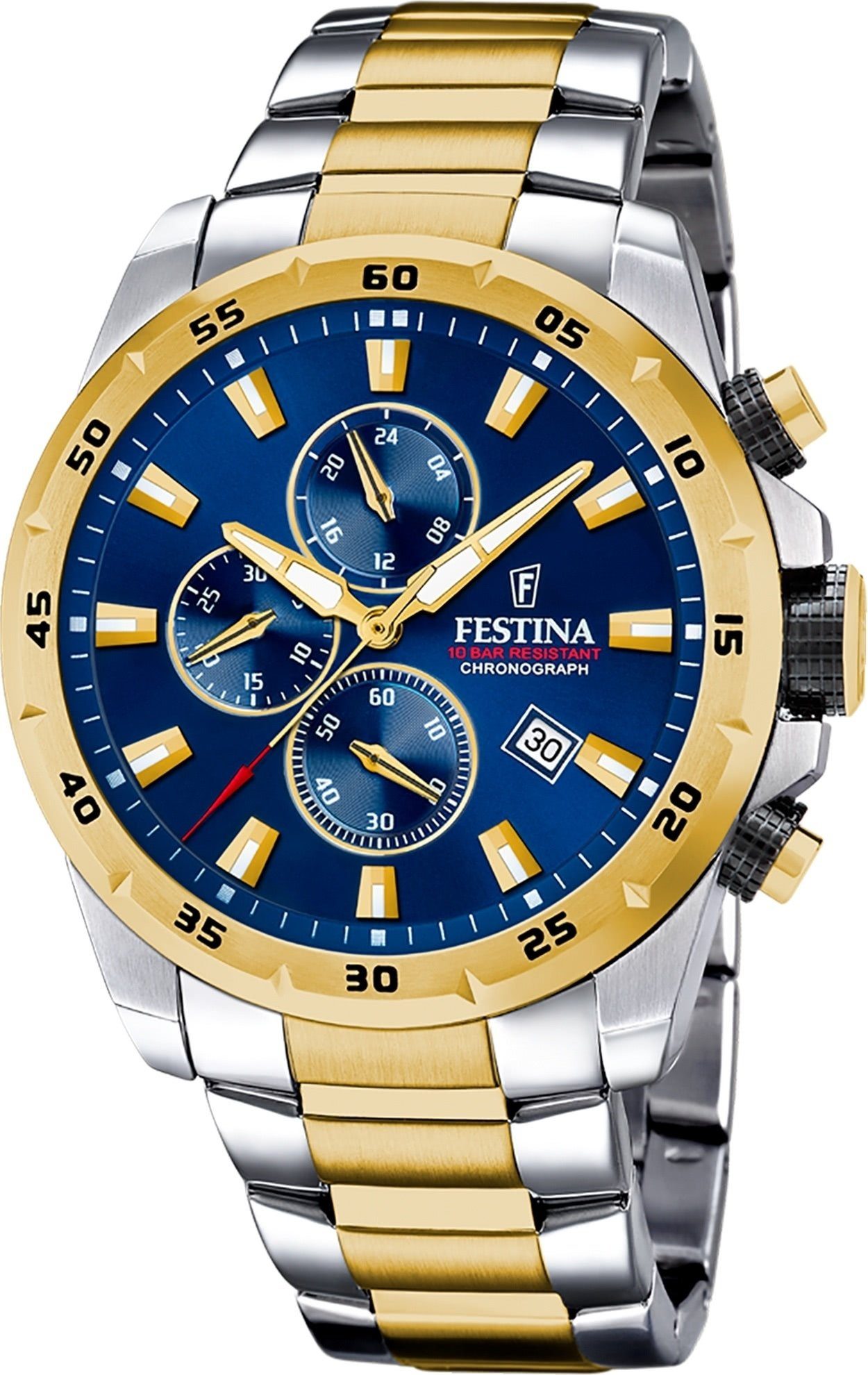 Festina Quarzuhr Festina Herrenuhr Chronograph Sport, (Analoguhr), Herren Armbanduhr rund, Edelstahlarmband silber, gold, Sportlich