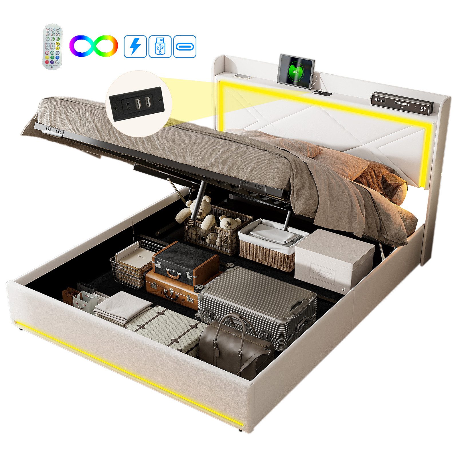 FUROKOY Polsterbett LED-Beleuchtung Kunstleder Hydraulisch Doppelbett günstig online kaufen