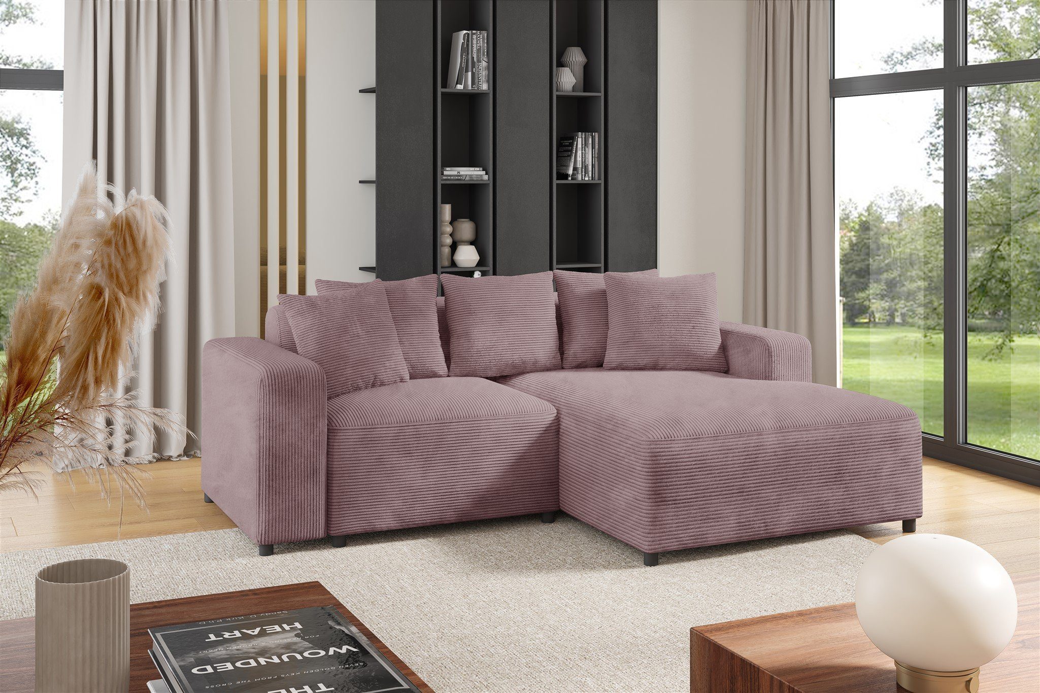 Fun Möbel Ecksofa Designersofa MEGAN XS Cordstoff Poso, inkl. 5 Zierkissen, Rundumbezug