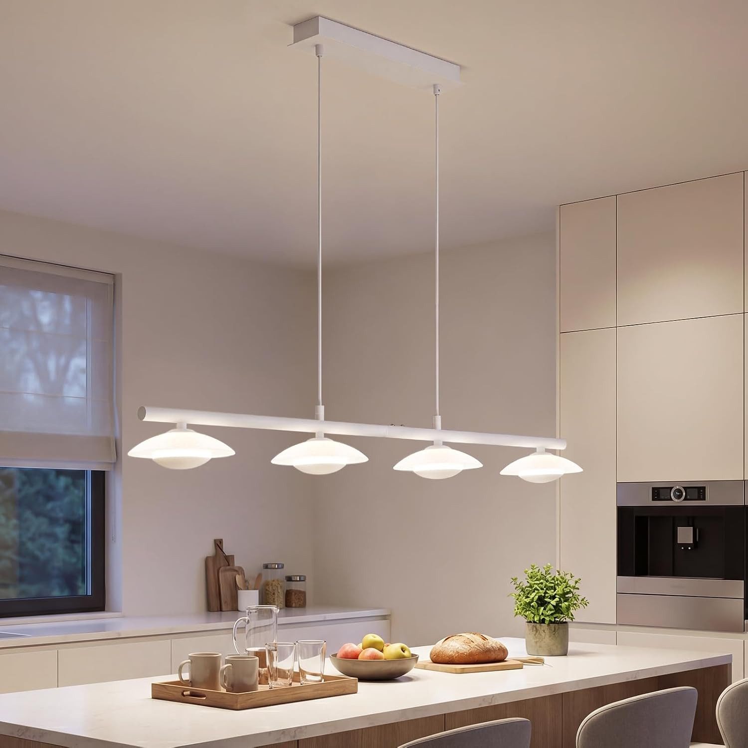 BlingBin LED Pendelleuchte Esstisch Hängelampe 3 Flammig mit Glas, elegante Sandweiß 17W, Eckig-4Flammig, LED fest integriert, Höhenverstellbar Pendelleuchte- f – Bild 2 von 5