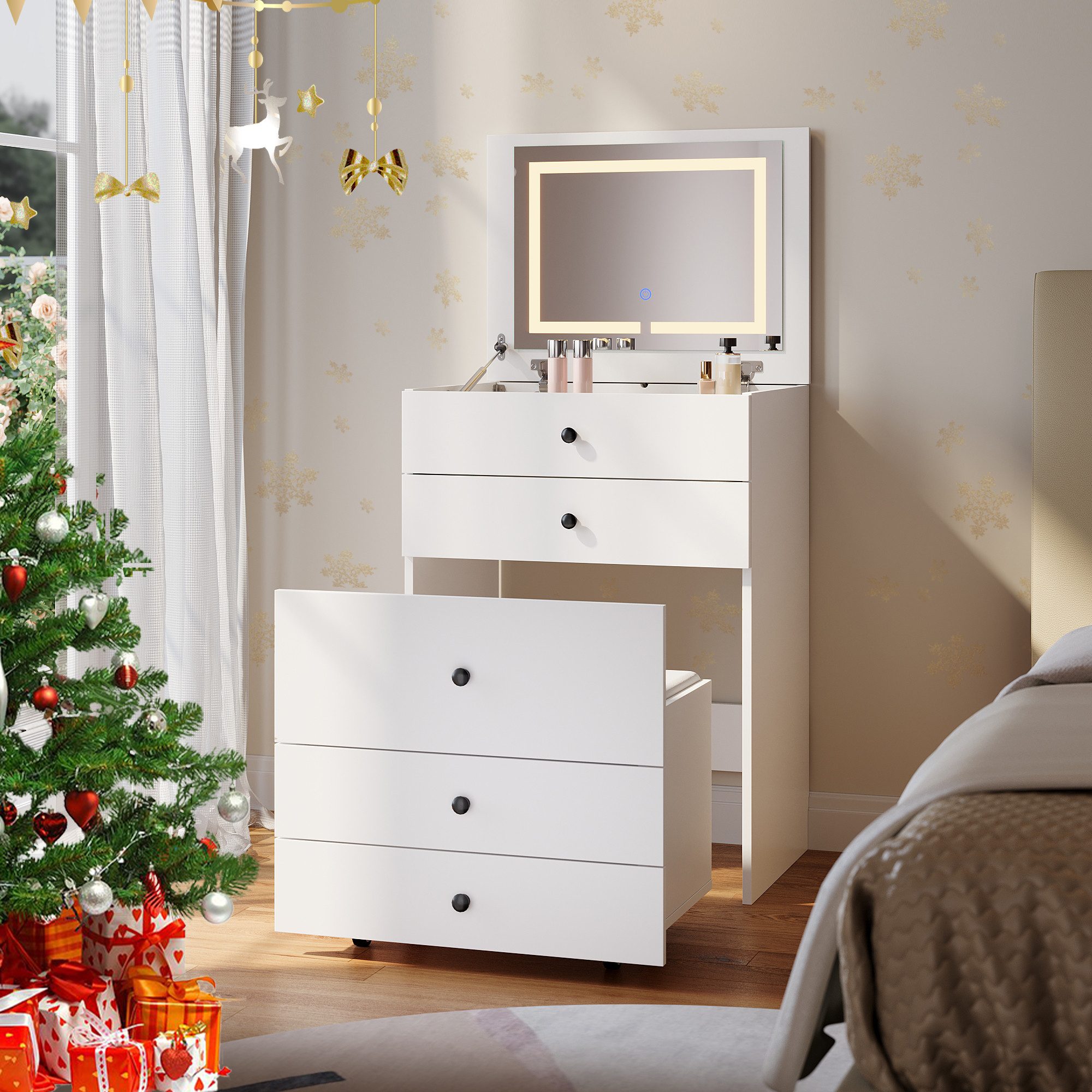 SONNI Schminktisch Schminktisch mit LED-Beleuchtung weiß, Frisiertisch, Dicke: 15 cm Brett Frisiertisch mit Spiegel 108x140x40cm