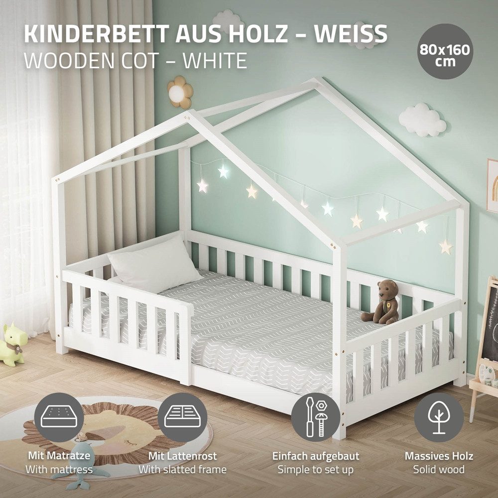ML-DESIGN Spielbett Hausbett Kinderbett inkl. Lattenrost & Rausfallschutz Kinder Bodenbett, Abenteuerbett 80x160cm mit Matratze Himmelbett Kiefer Jugendbett Wei – Bild 2 von 5