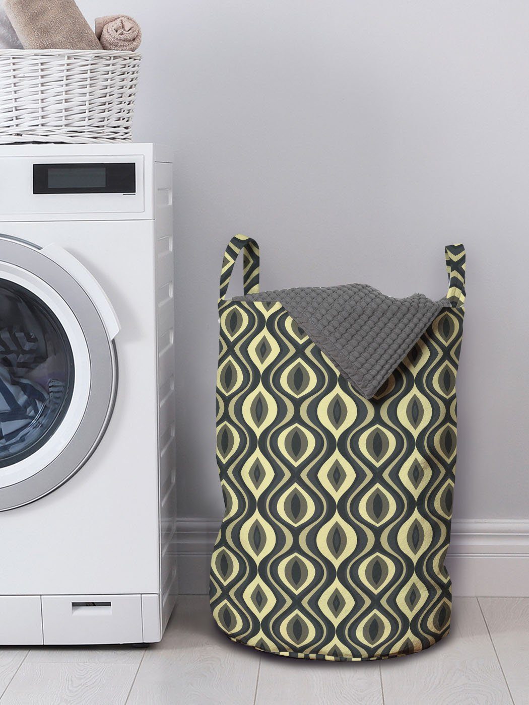 Abakuhaus Wäschesäckchen Wäschekorb mit Griffen für Waschsalons, Vertikale Wellenförmige Fliesen Kordelzugverschluss Geometrisch