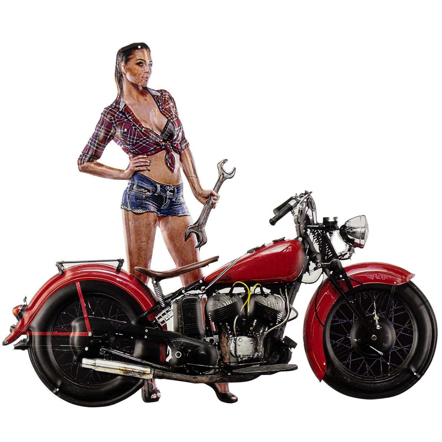 Moritz Metallschild Biker Frau Mechanikerin Rockabilly Motorrad, (Einzeln), 20 x 25cm Vintage Retro Deko Schild Metallschild Wandbild Schild