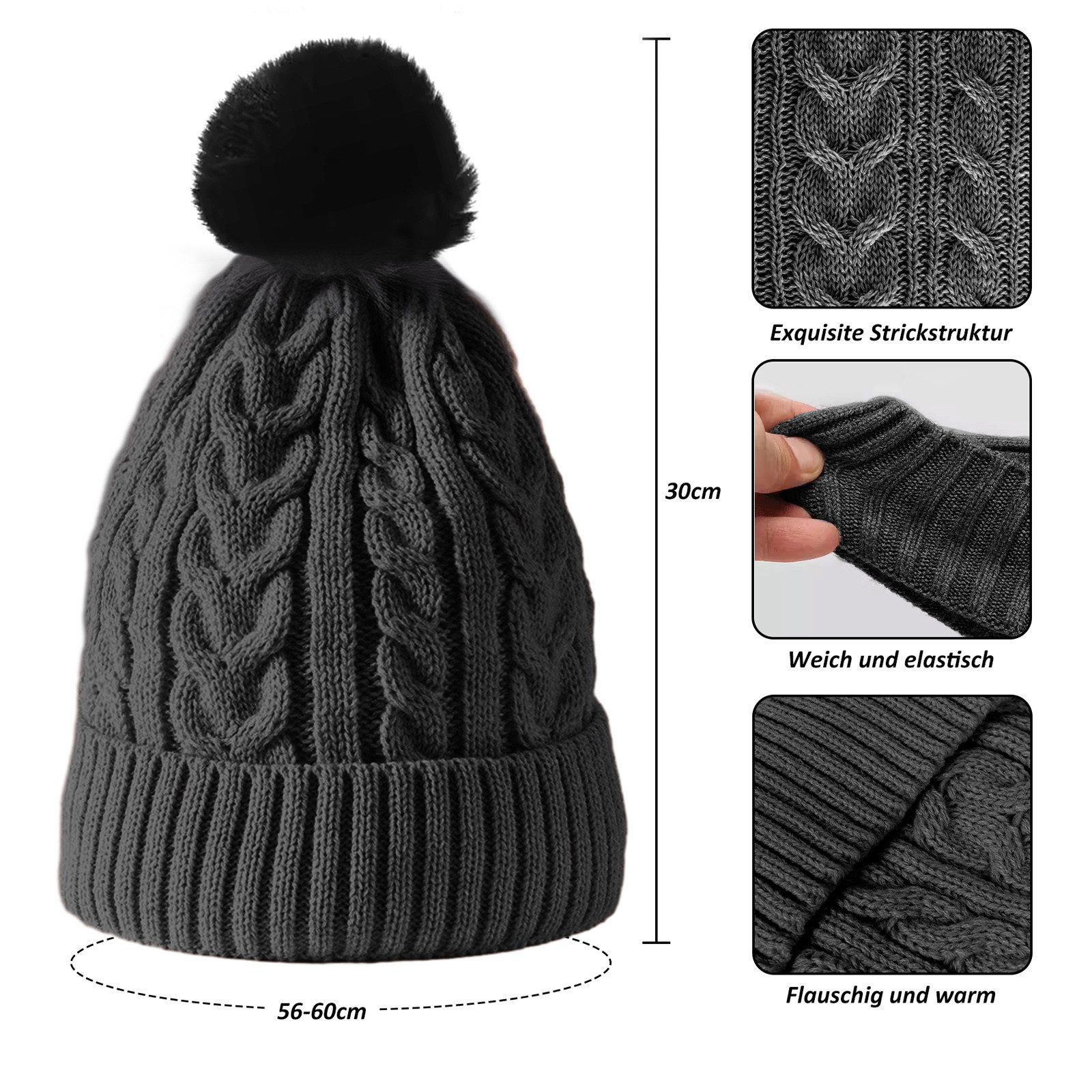 TAN.TOMI Strickmütze Beanie Damen Warm, Mütze Damen Herbst Winter Federnd (Strickmützen Mit Fleece Gefüttert) Wollmütze Damen Geeignet für Schule, Arbeit, Skifahren, Camping