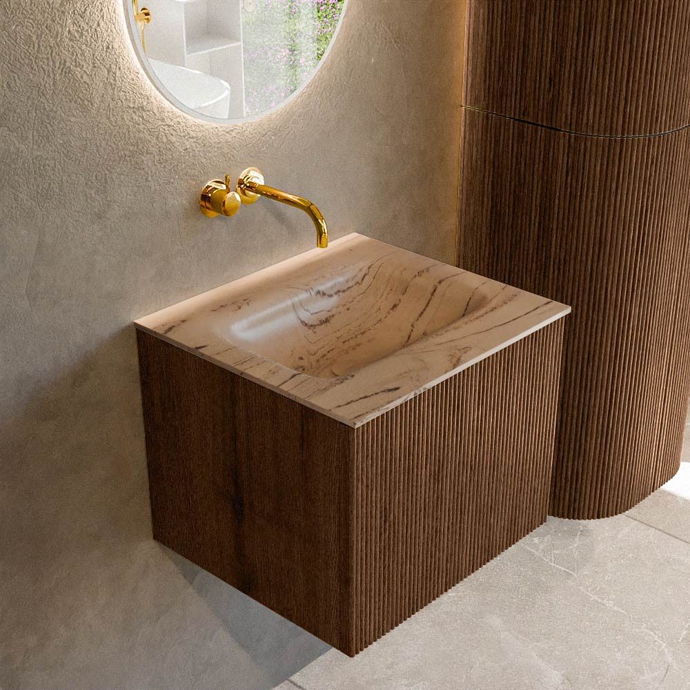 MONDIAZ Waschtisch set curve gerundet echtholz 50 cm Walnuss KRVGRU501L0D0KMWalAre (Set Serie Curve, Waschbecken Serie Grunne, ohne Lochbohrung)