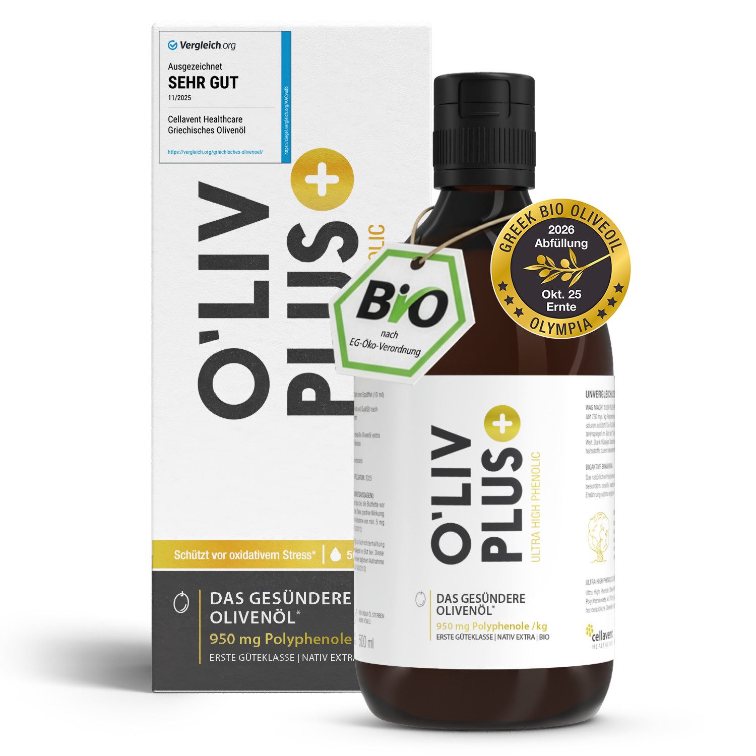 Cellavent Healthcare O'Liv PLUS Bio Olivenöl - extra hoher Polyphenol Gehalt Öl