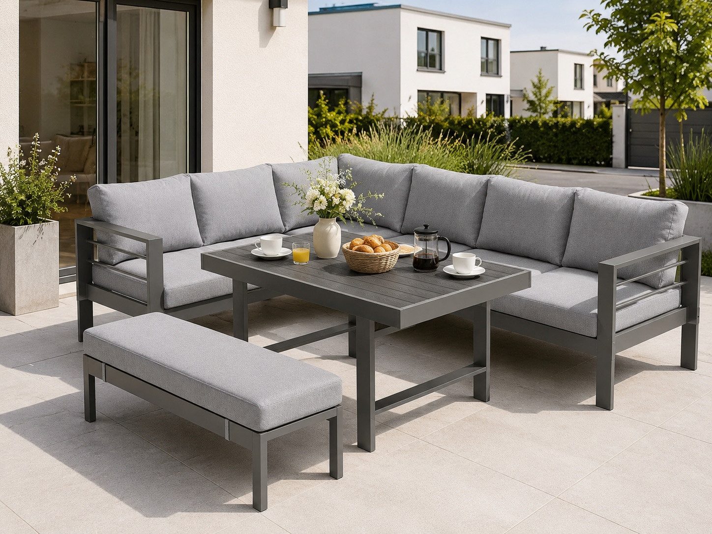 MeXo Gartenlounge-Set XXL Lounge Gartenmöbelset aus Aluminium, wetterfest, (Ecksofa mit linker Ecke für 6-8 Personen, 5-tlg., 12/15 cm dicke Kissen, Terrassenmöbel Set mit hohem Tisch), pflegeleichte Polywood-Tischplatte, flexibel kombinierbar