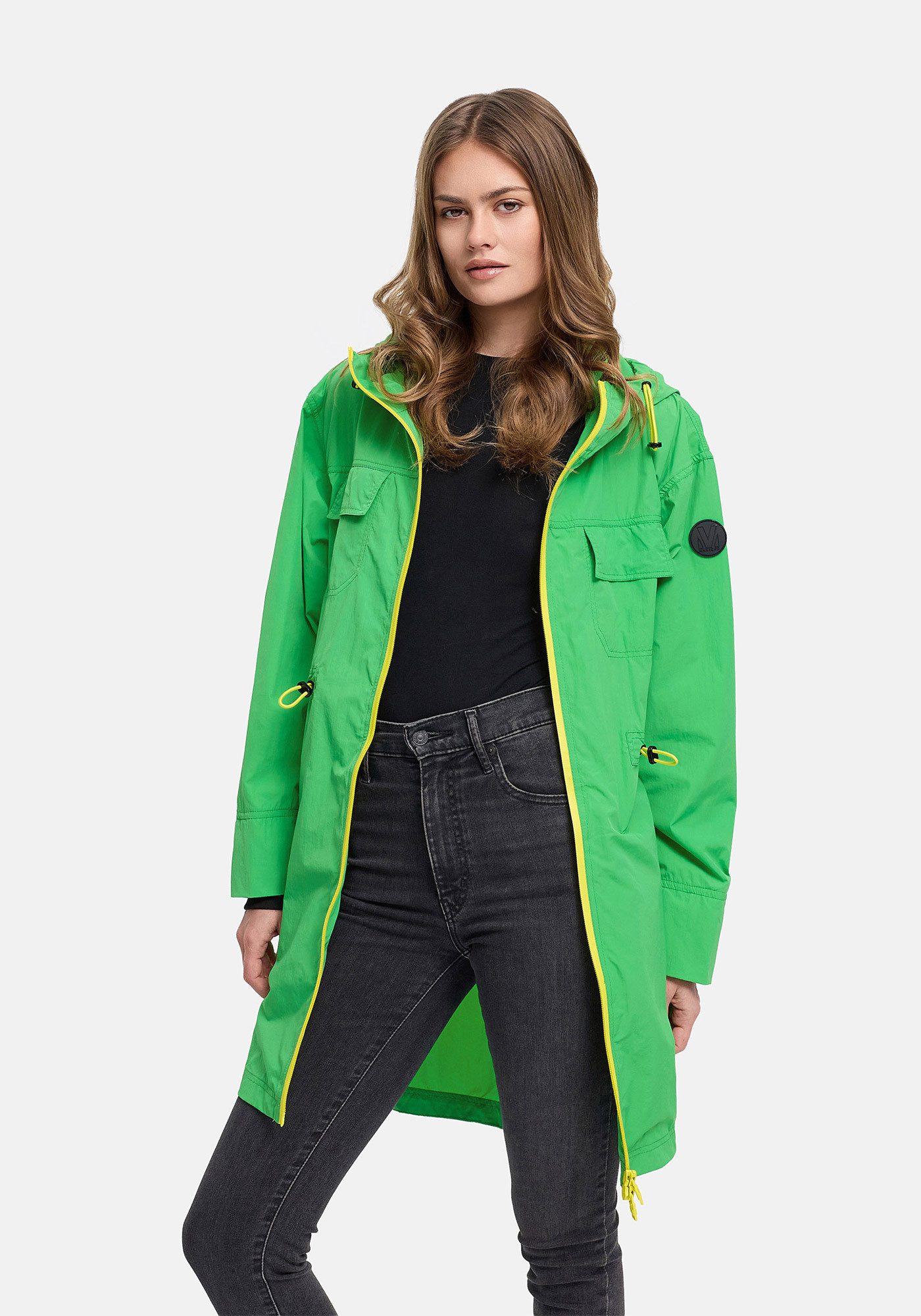 Marikoo Outdoorjacke Trüffelbonbon Langer Windbreaker mit Kordelzug und Kontrastreißverschluss