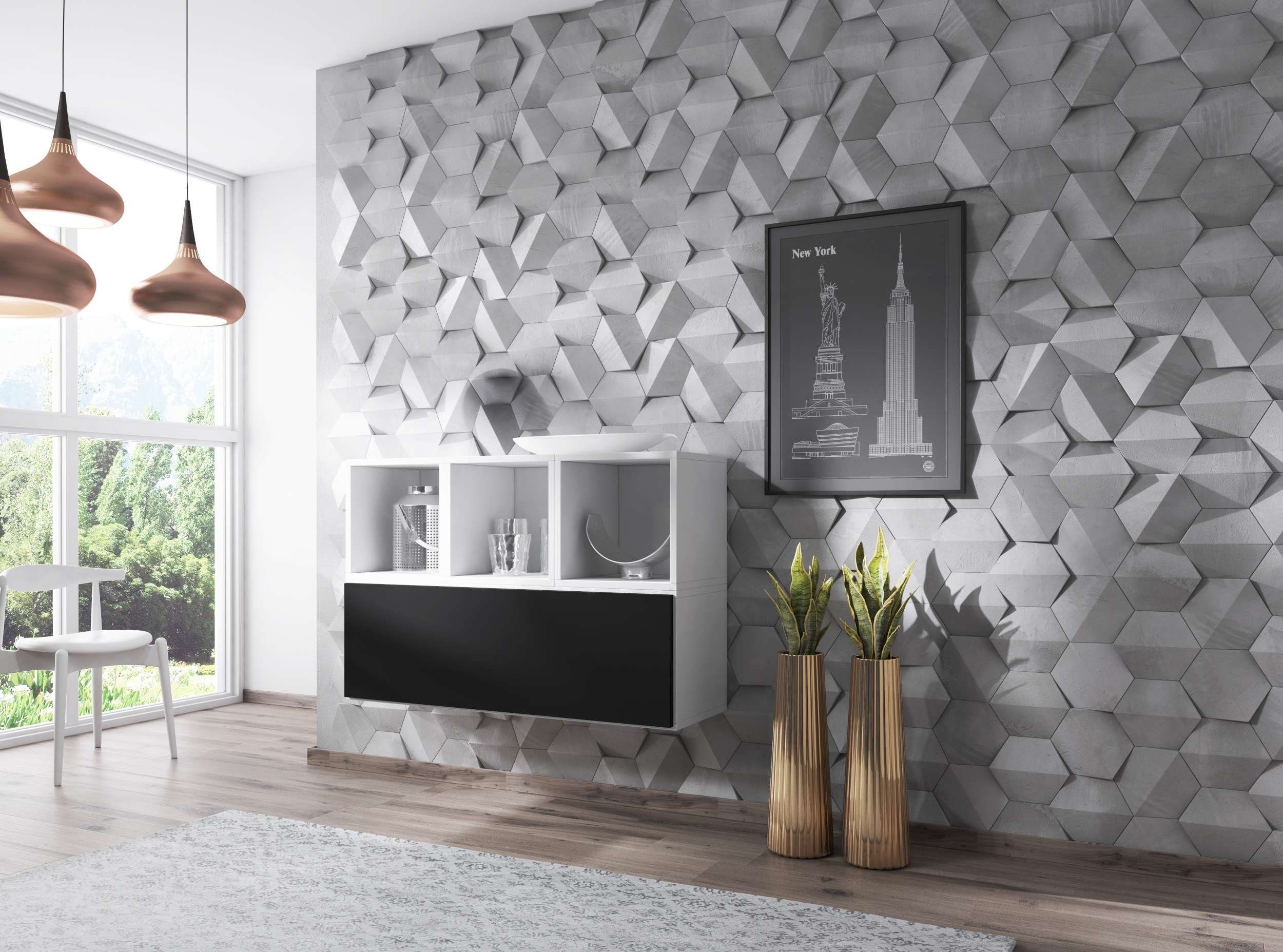 Stylefy Wohnwand Cono XII, (Set (4-St), Wohnmöbel, Wohnzimmer-Set), bestehend aus 3xWandregal und 1xHängeschrank, mit Push-to-Open, Modern Design Weiß Matt - Schwarz Matt