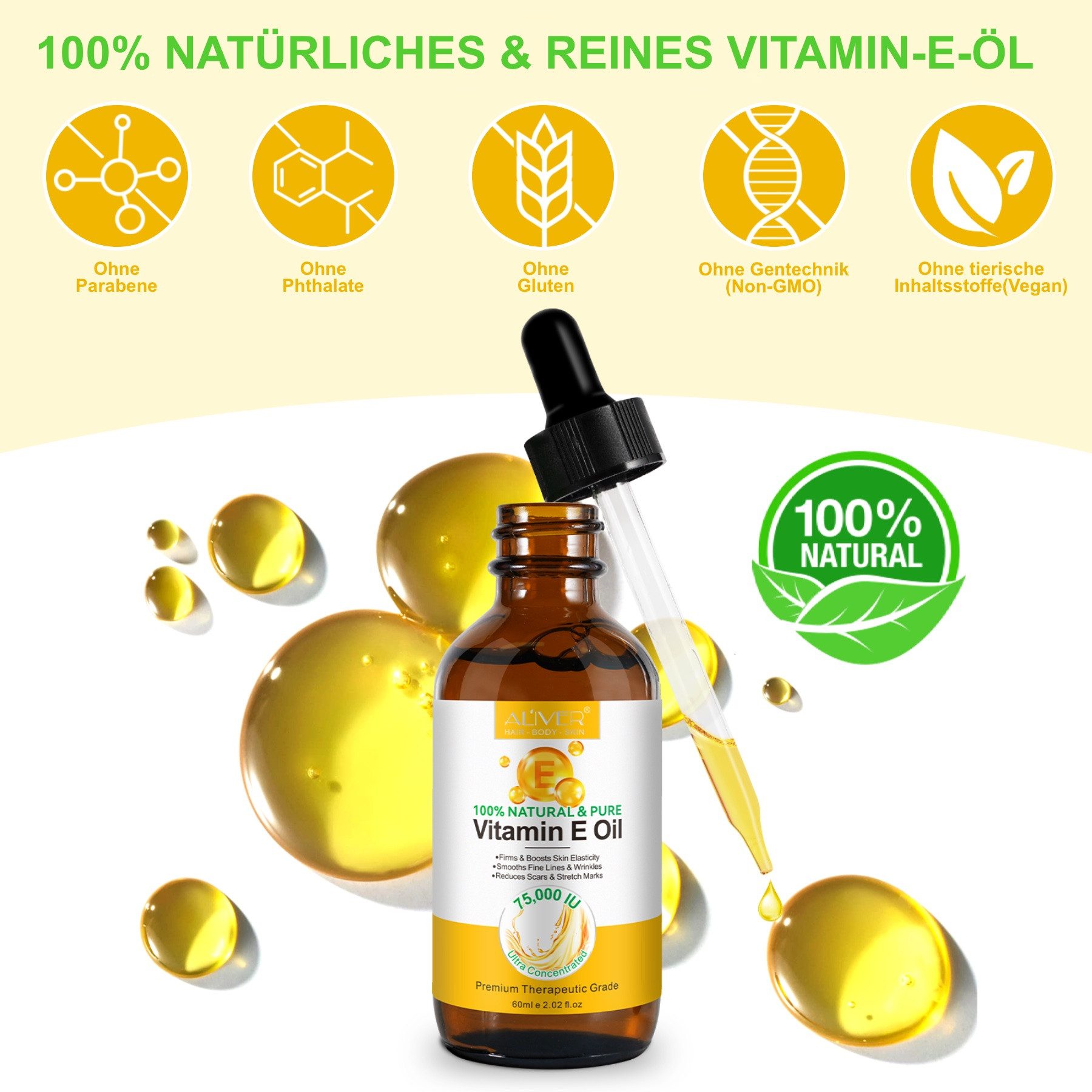 ALIVER Körperöl Gesichtsöl Hautöl Vitamin E Öl Hautstraffung Narbenreduzierung, 1-tlg., Anti-Falten, Anti Aging, Feuchtigkeit, Hautpflege