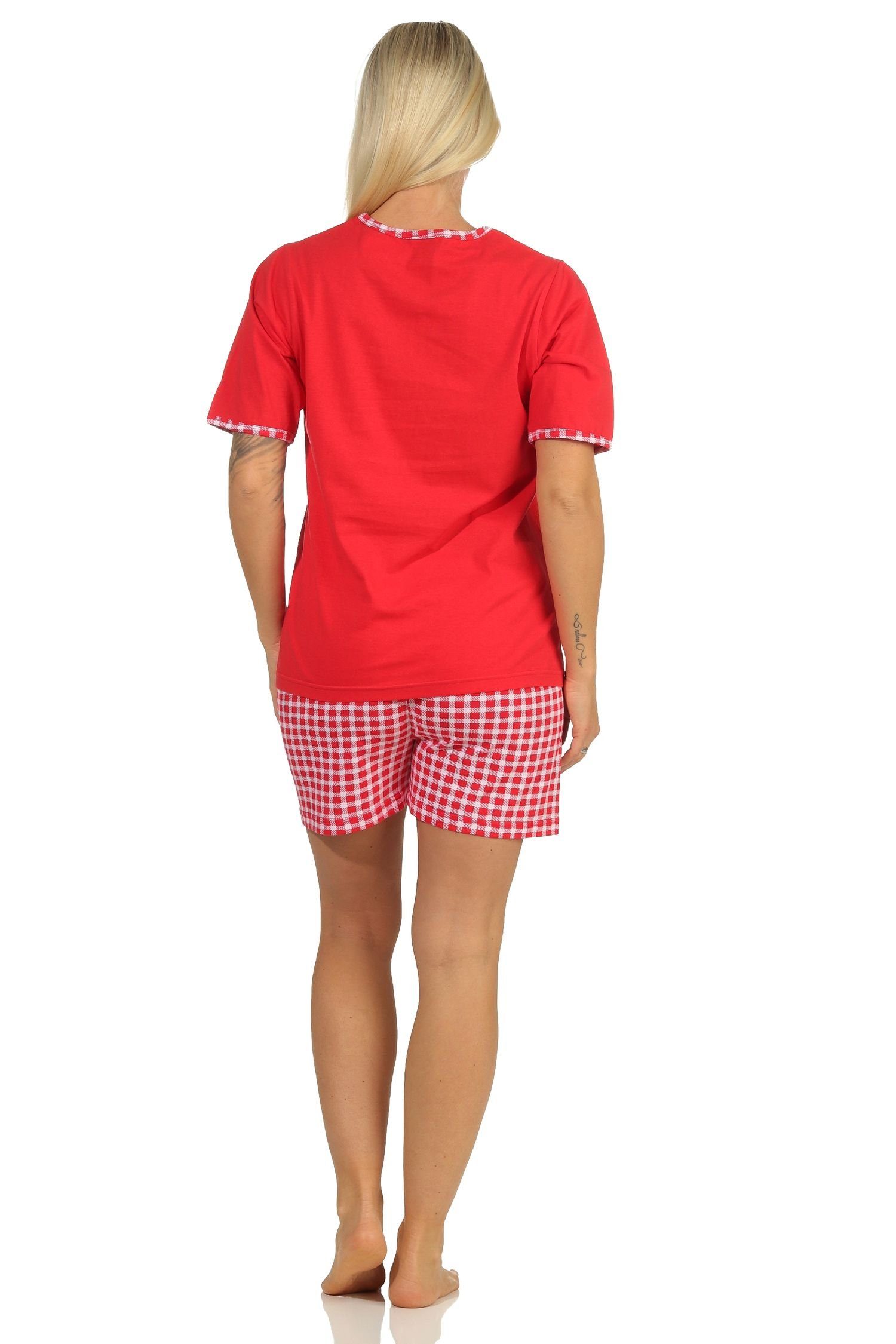 Schlafanzug Damen Shorty Pyjama süßem Normann - kurzarm 66334 rot Katzen-Motiv mit