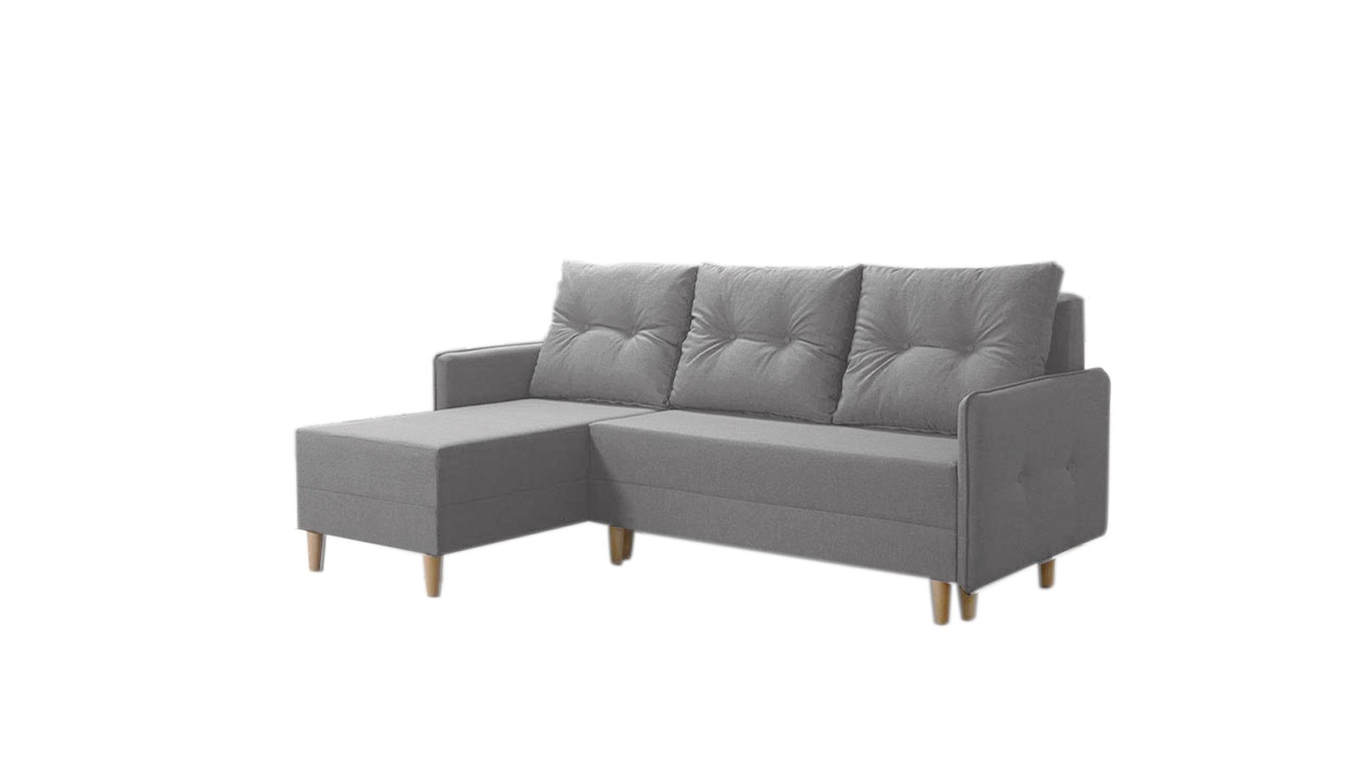 Ecksofa - - Ecksofa mit Siblo Wohnzimmer - Holzfüße Schlaffunktion modernes - Ecksofa Ausklappbares Bettzeugbehälter Grau Azzurra