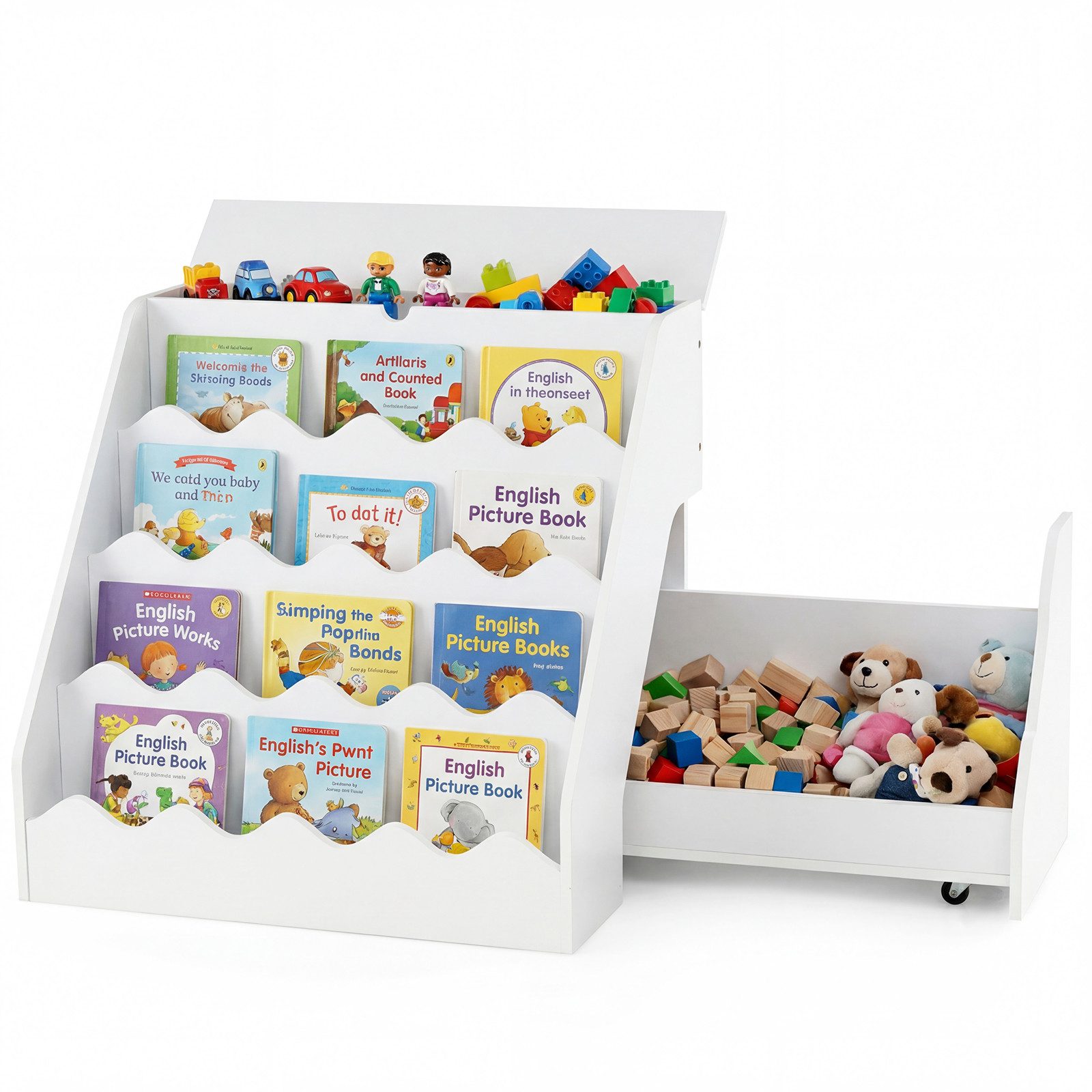 COSTWAY Kinderregal, 4 stufiges Kinderregal, mit mobiler Aufbewahrungswagen