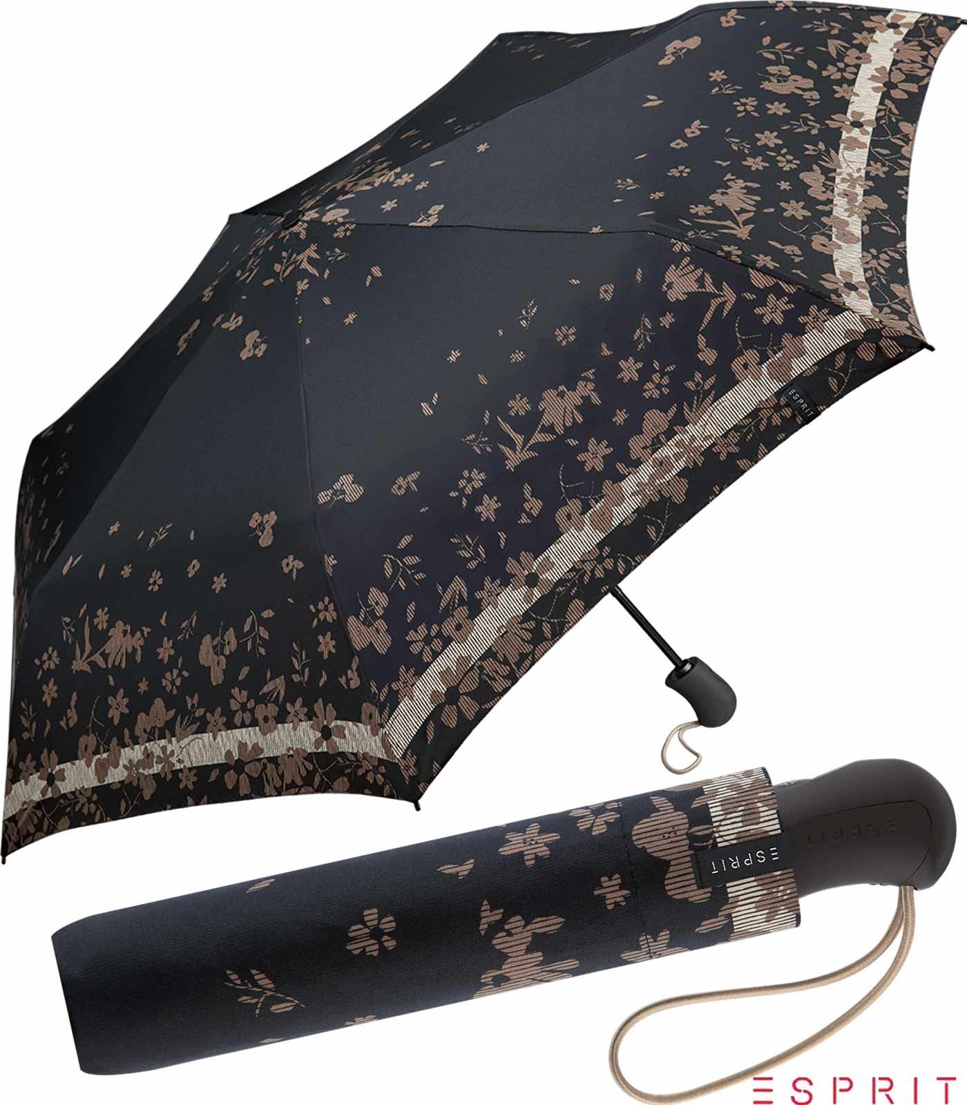Esprit Taschenregenschirm Easymatic Light - black, praktisch, Flower stabil, Blumenmuster Automatik Auf-Zu Poetry mit