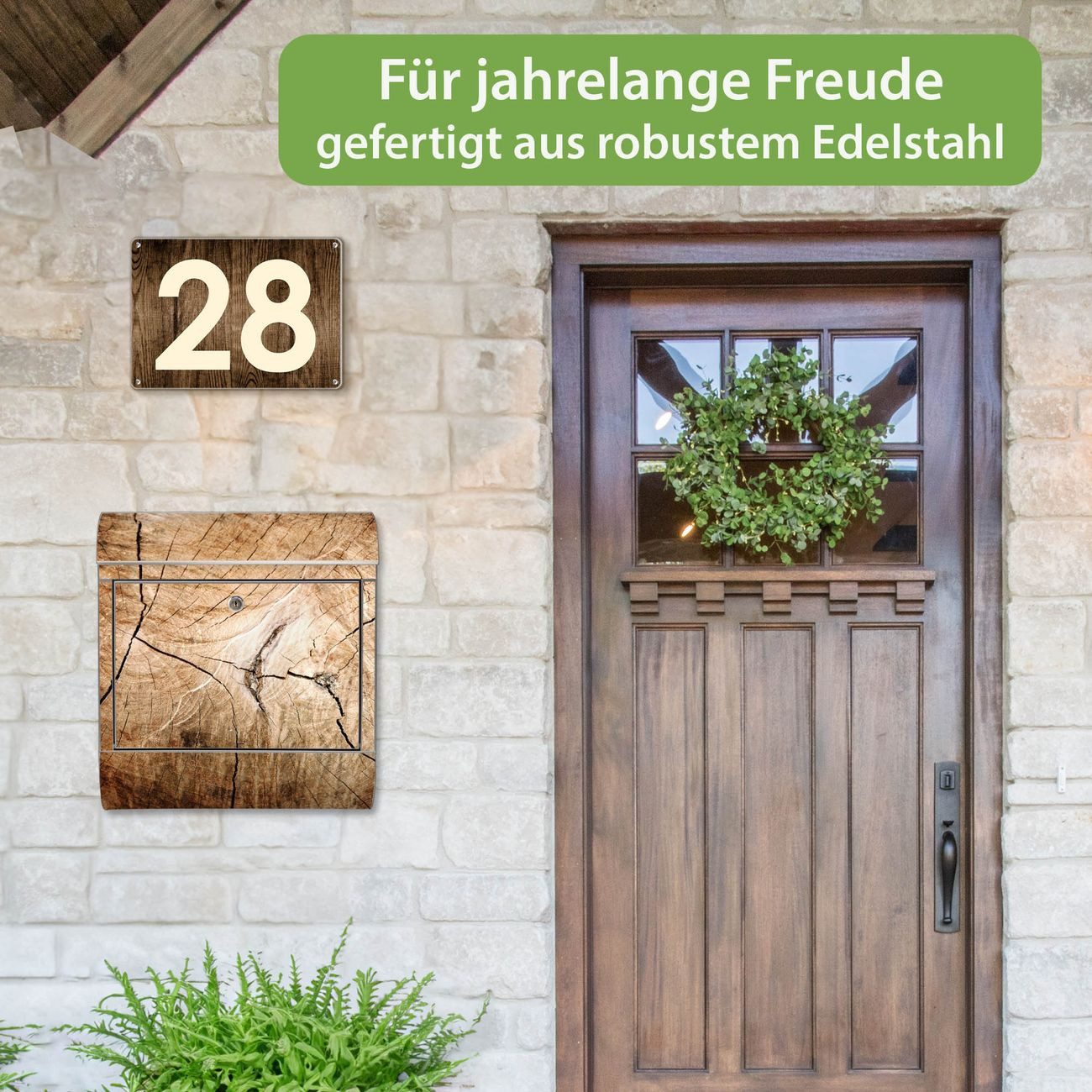 banjado Wandbriefkasten Edelstahl mit Motiv Getrocknetes Holz (Wandbriefkasten groß, mit Zeitungsfach), 38 x 42,5 x12 cm