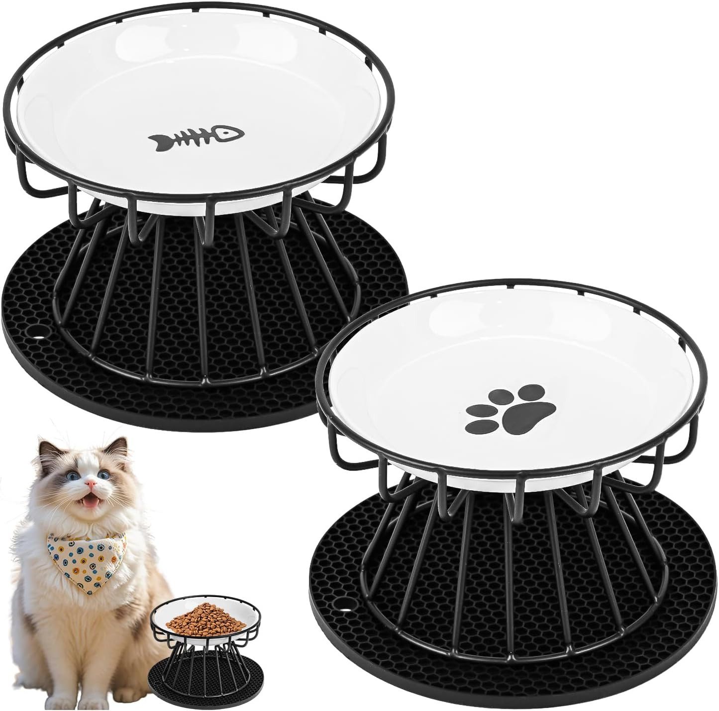 ibettertec Futternapf Katzennapf Erhöht, 2 Stück Katzennapf aus Keramik, mit Napfunterlage Silikon Und Metallständer, Zervixschutz-Katzennapf, 15 cm Durchmesser,10cm Metallständer