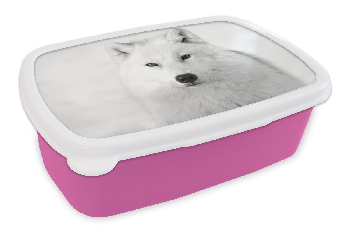 MuchoWow Lunchbox Porträt eines Wolfes - schwarz und weiß, Kunststoff, (2-tlg), Brotbox für Erwachsene, Brotdose Kinder, Snackbox, Mädchen, Kunststoff rosa
