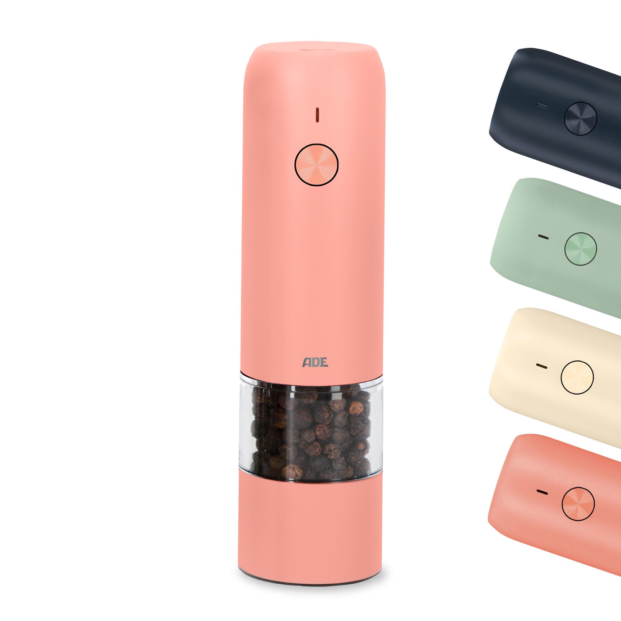 ADE Gewürzmühle elektrisch mit stufenlosem Keramikmahlwerk und Einhandbedienung Akku, Mini Salz- und Pfeffermühle, aufladbar per USB-C (Kabel inkl)