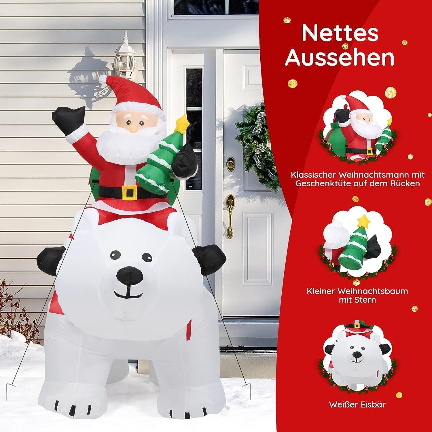 KOMFOTTEU Weihnachtsmann auf Eisbär aufblasbare Weihnachtspolarbär, mit LED-Beleuchtung