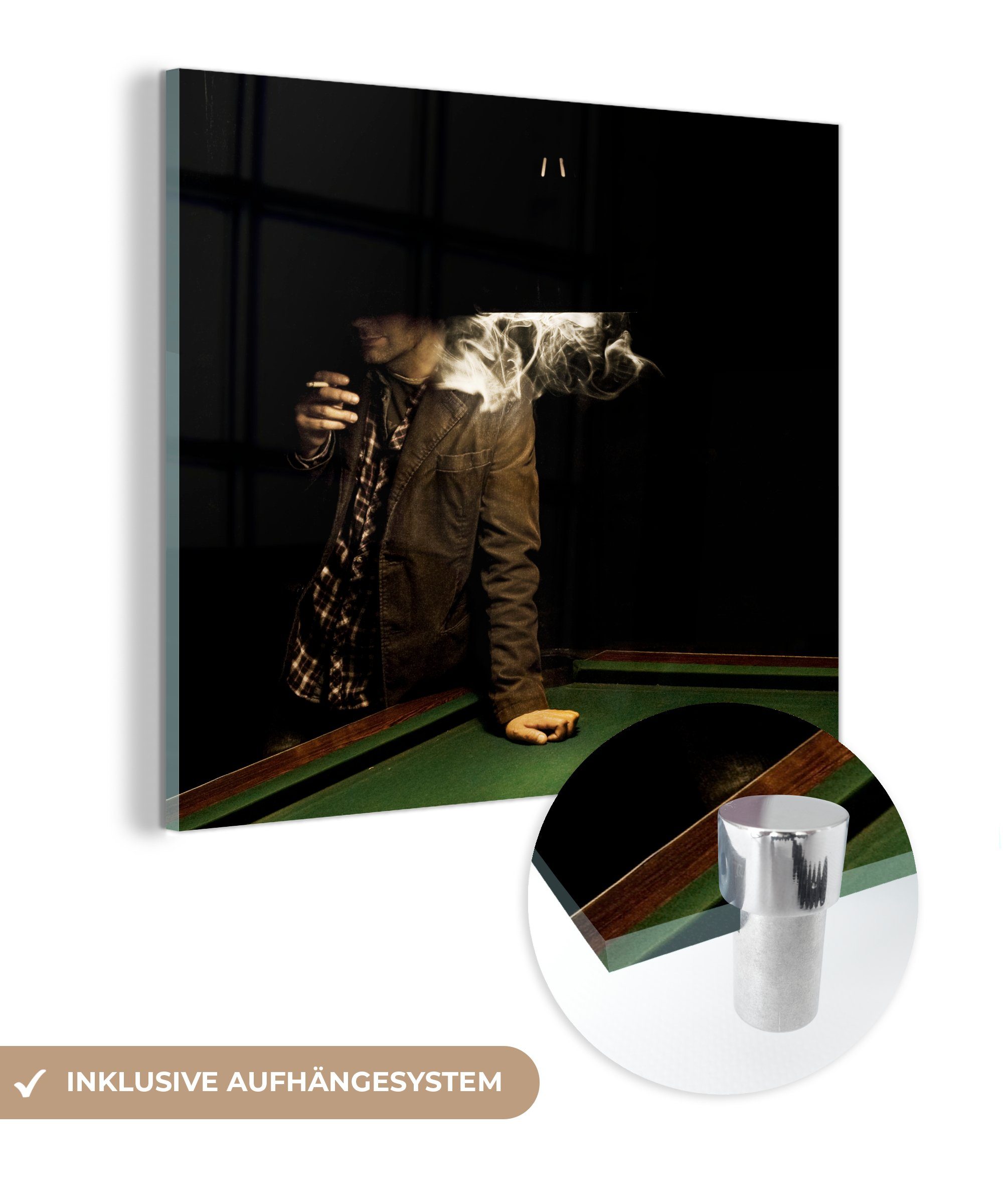 MuchoWow Acrylglasbild Rauchender Mann über einem Billardtisch in einem Film noir, (1 St), Glasbilder - Bilder auf Glas Wandbild - Foto auf Glas - Wanddekoration