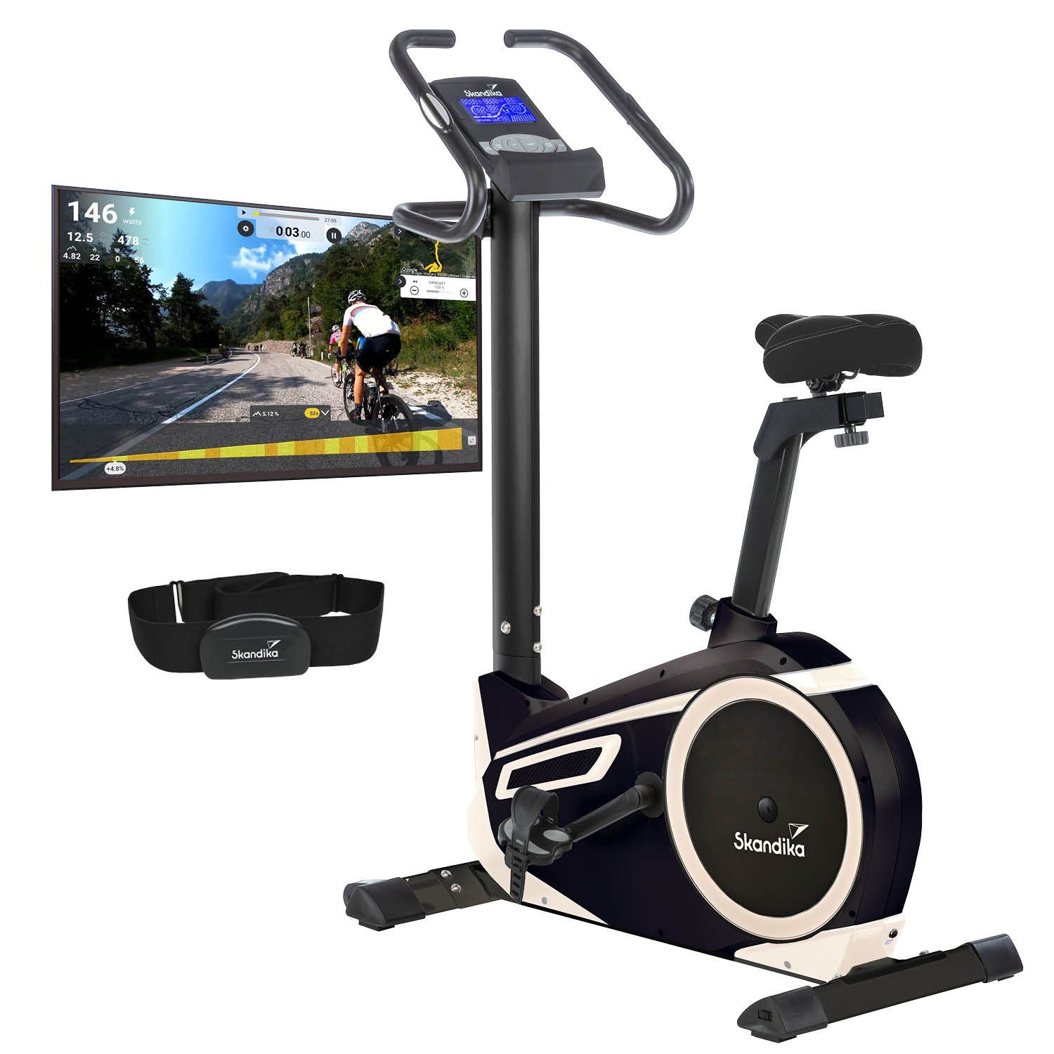 Skandika Ergometer Morpheus Hometrainer, Pulssensoren, ergonomisch (mit Brustgurt, Halterung für Tablet oder Smartphone, Bluetooth), Fitnessbike, Heimtrainer App kompatibel