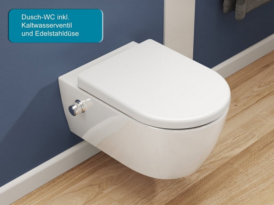 SSWW Dusch-WC Design Keramik Hänge-WC Wand WC Spülrandlos Taharat,  wandhängend, Dusch-WC inkl. WC-Sitz abnehmbar, Düse und Kaltwasserventil
